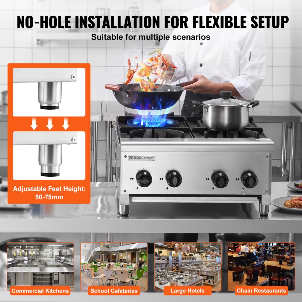 VEVOR Commercial Gas Stove with 4 Burners, Propane and Natural Gas Countertop Cooking Stove Range, Stainless Steel Gas Hot Plate, Commercial Cooking Equipment for Restaurant, 28KW