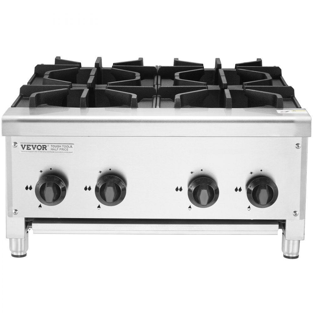 VEVOR Commercial Gas Stove with 4 Burners, Propane and Natural Gas Countertop Cooking Stove Range, Stainless Steel Gas Hot Plate, Commercial Cooking Equipment for Restaurant, 28KW