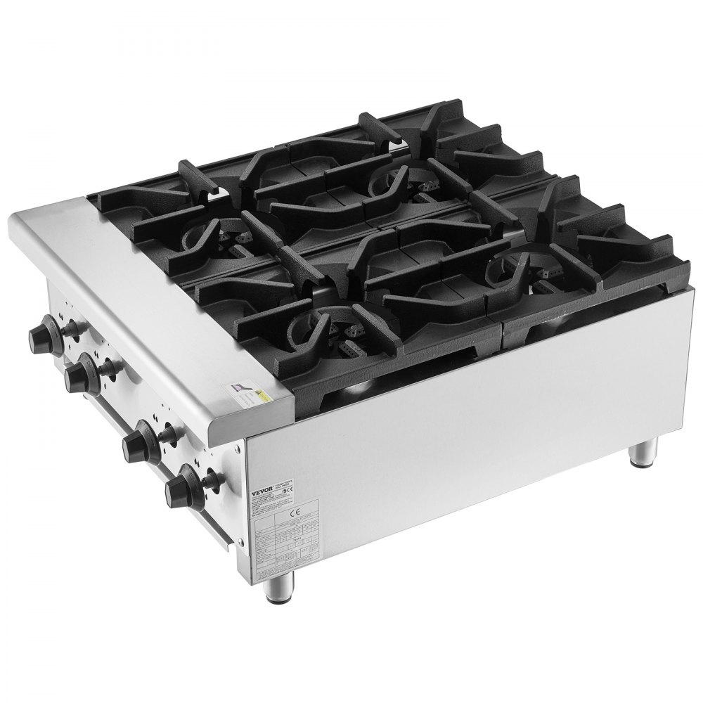 VEVOR Commercial Gas Stove with 4 Burners, Propane and Natural Gas Countertop Cooking Stove Range, Stainless Steel Gas Hot Plate, Commercial Cooking Equipment for Restaurant, 28KW