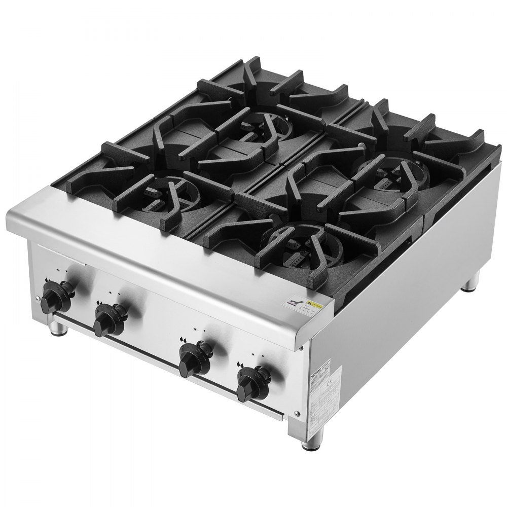 VEVOR Commercial Gas Stove with 4 Burners, Propane and Natural Gas Countertop Cooking Stove Range, Stainless Steel Gas Hot Plate, Commercial Cooking Equipment for Restaurant, 28KW