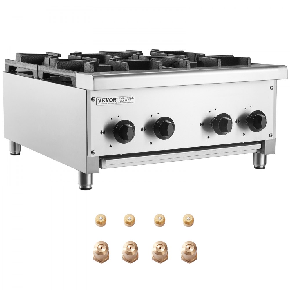 VEVOR Commercial Gas Stove with 4 Burners, Propane and Natural Gas Countertop Cooking Stove Range, Stainless Steel Gas Hot Plate, Commercial Cooking Equipment for Restaurant, 28KW