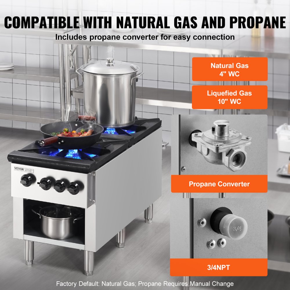 VEVOR Commercial Gas Stove with 2 Burners, Propane and Natural Gas Countertop Cooking Stove Range, Stainless Steel Gas Hot Plate, Commercial Cooking Equipment for Restaurant, 180,000 BTU
