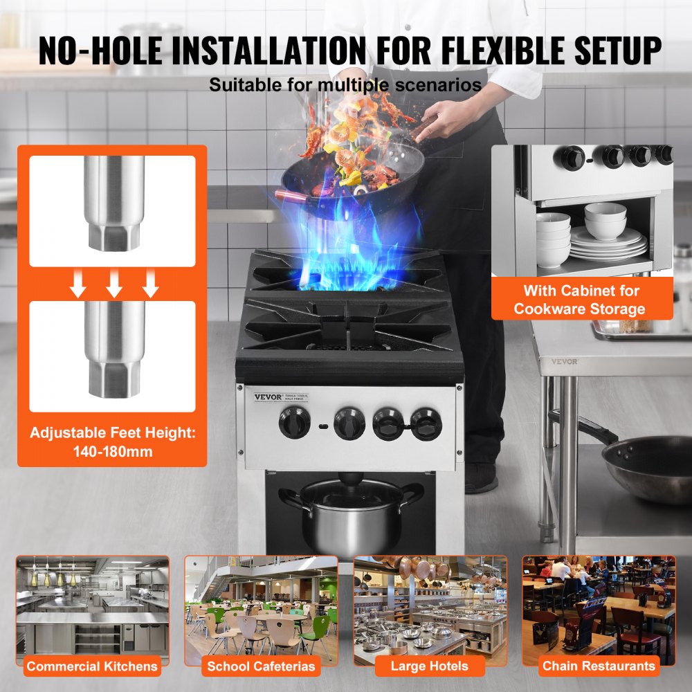 VEVOR Commercial Gas Stove with 2 Burners, Propane and Natural Gas Countertop Cooking Stove Range, Stainless Steel Gas Hot Plate, Commercial Cooking Equipment for Restaurant, 180,000 BTU
