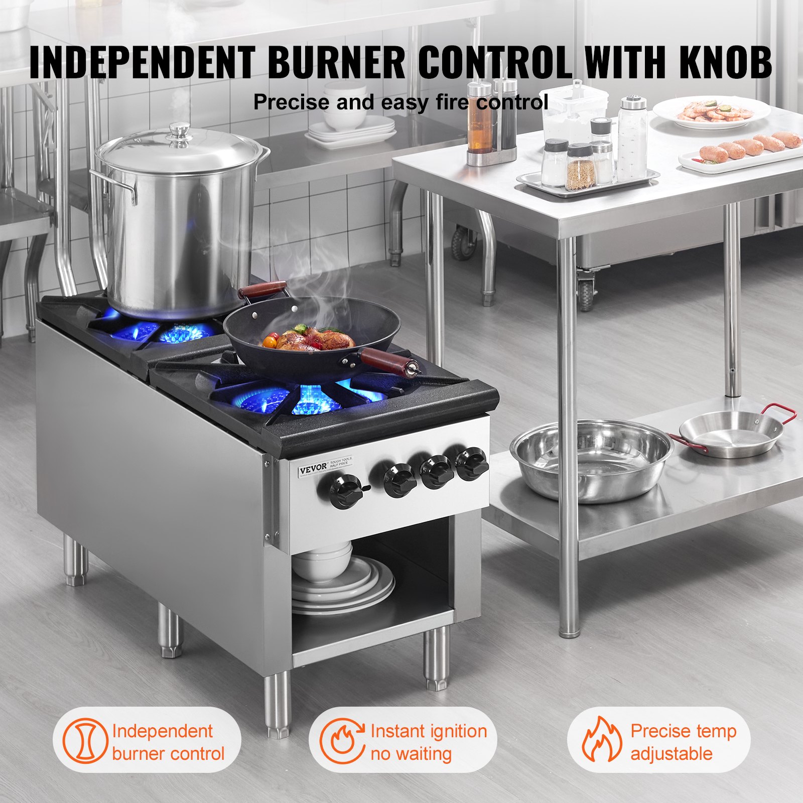 VEVOR Commercial Gas Stove with 2 Burners, Propane and Natural Gas Countertop Cooking Stove Range, Stainless Steel Gas Hot Plate, Commercial Cooking Equipment for Restaurant, 180,000 BTU