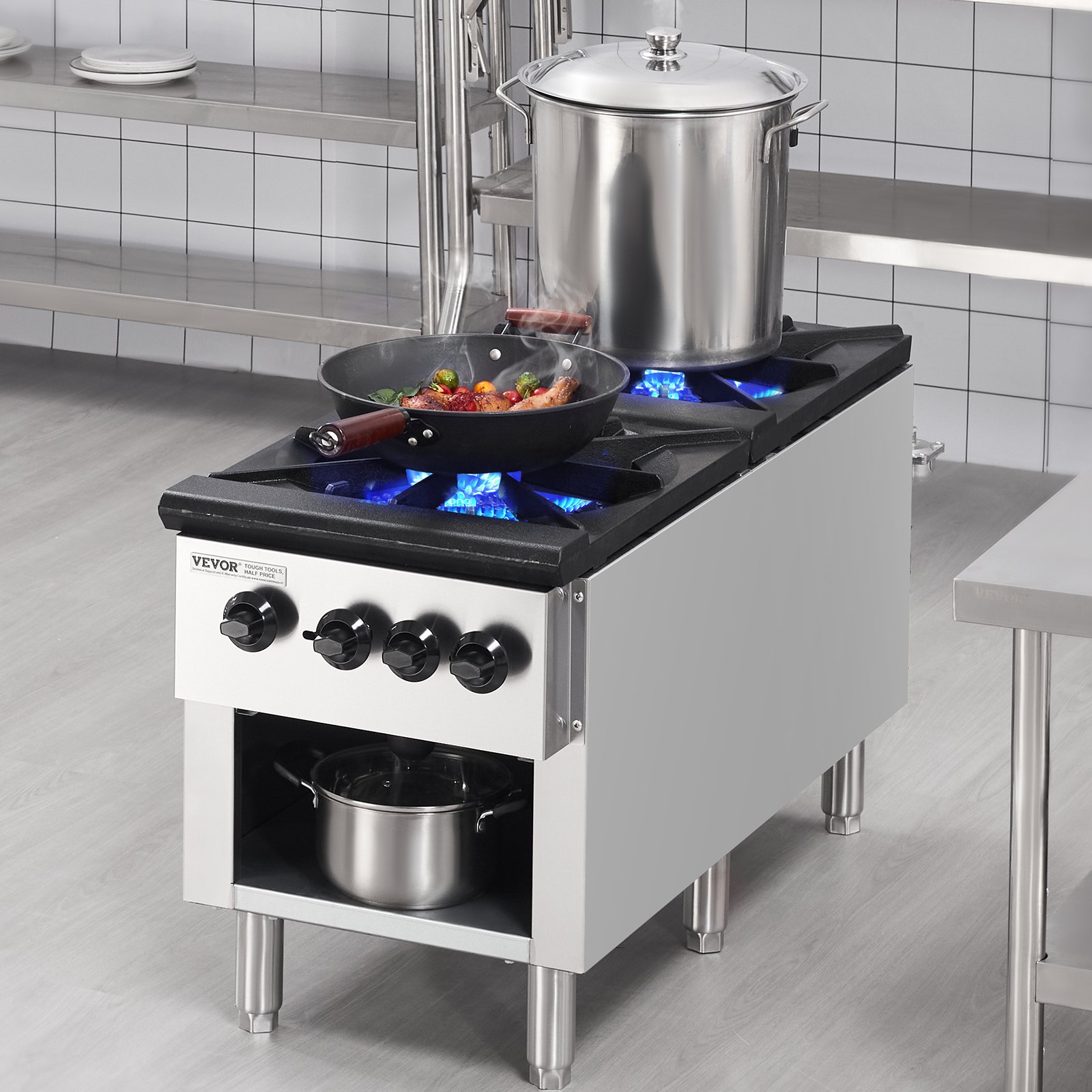 VEVOR Commercial Gas Stove with 2 Burners, Propane and Natural Gas Countertop Cooking Stove Range, Stainless Steel Gas Hot Plate, Commercial Cooking Equipment for Restaurant, 180,000 BTU