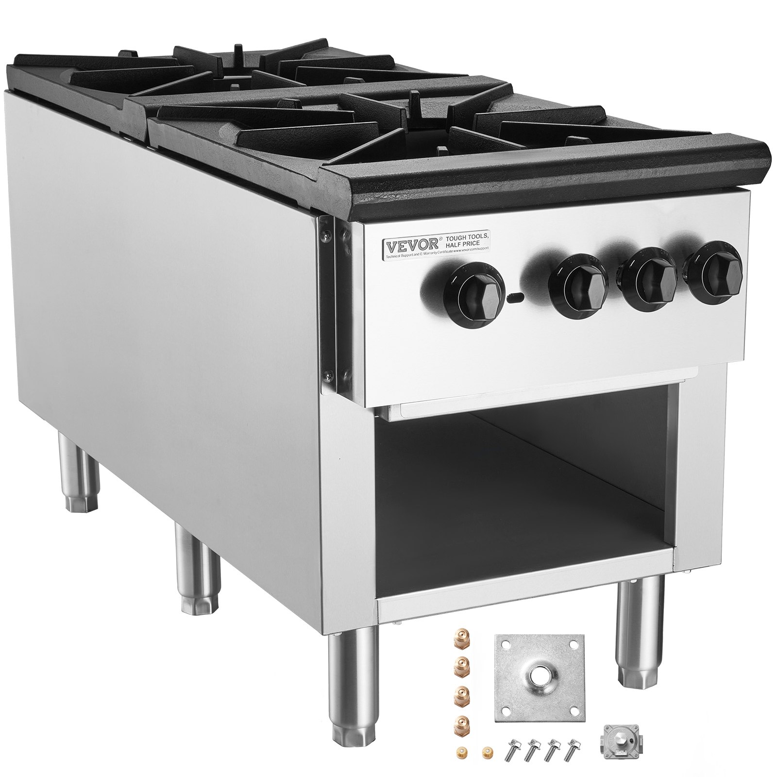 VEVOR Commercial Gas Stove with 2 Burners, Propane and Natural Gas Countertop Cooking Stove Range, Stainless Steel Gas Hot Plate, Commercial Cooking Equipment for Restaurant, 180,000 BTU