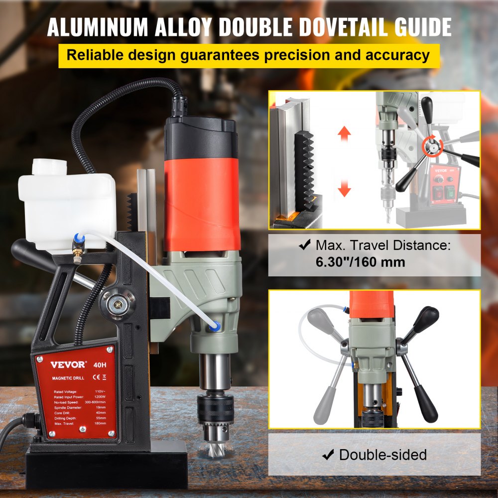 VEVOR Magnetic Drill, 1200W 1.57\" Boring Diameter, 2922lbf/13000N Portable Electric Mag Drill Press with Double Dovetail Rail, 580 RPM Variable Speed Drilling Machine for any Surface, CE Listed
