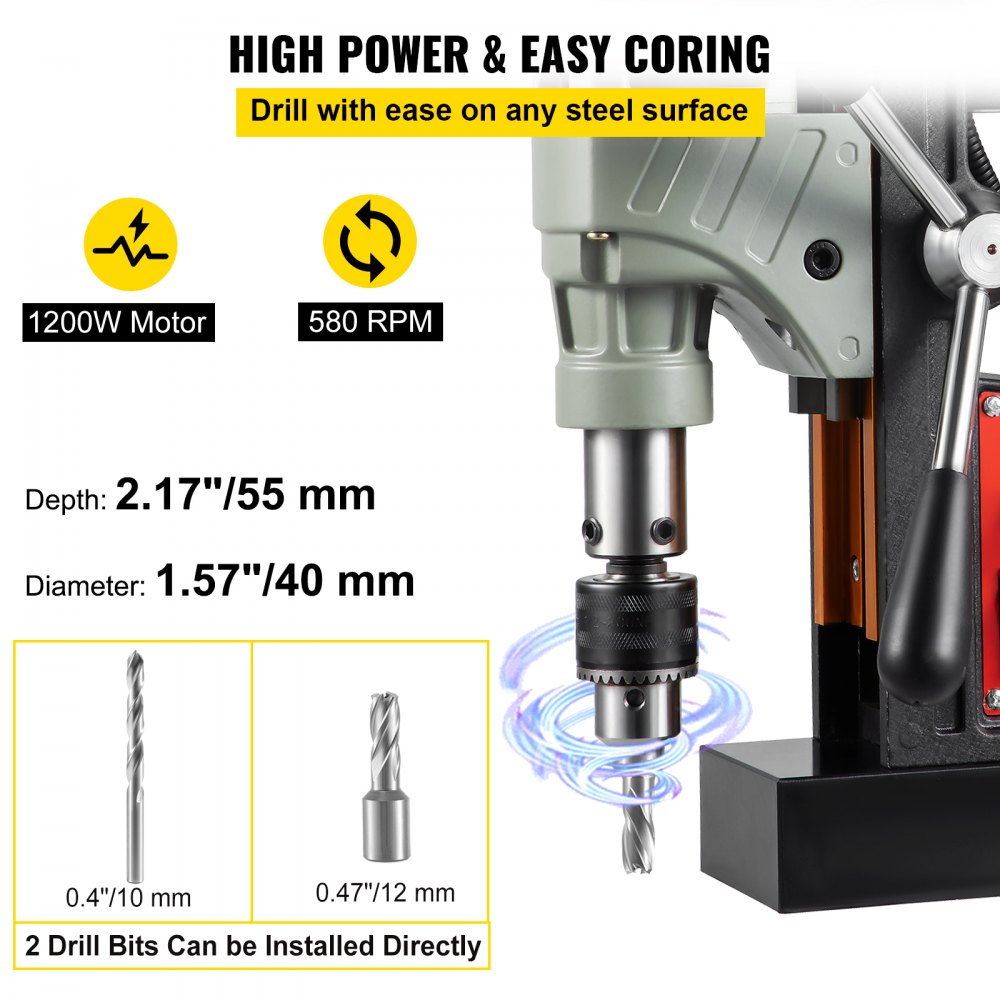 VEVOR Magnetic Drill, 1200W 1.57\" Boring Diameter, 2922lbf/13000N Portable Electric Mag Drill Press with Double Dovetail Rail, 580 RPM Variable Speed Drilling Machine for any Surface, CE Listed