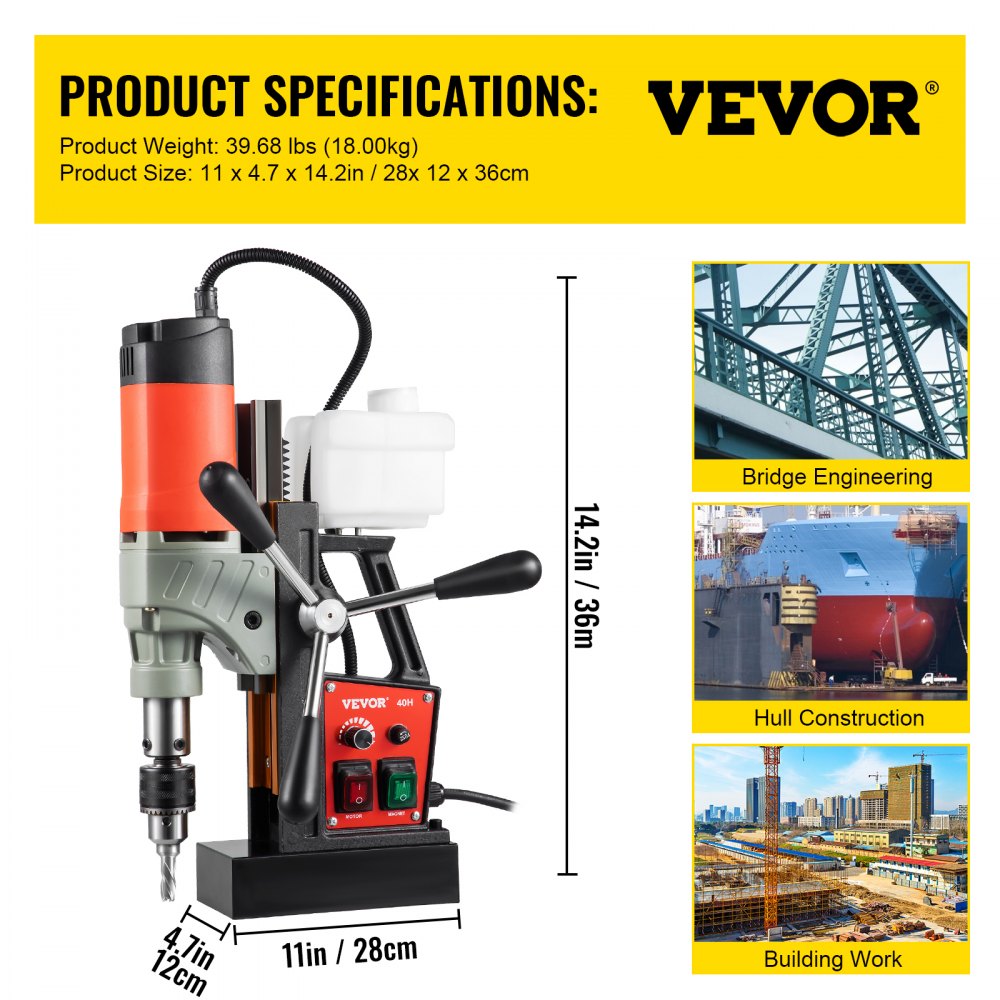 VEVOR Magnetic Drill, 1200W 1.57\" Boring Diameter, 2922lbf/13000N Portable Electric Mag Drill Press with Double Dovetail Rail, 580 RPM Variable Speed Drilling Machine for any Surface, CE Listed