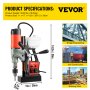 VEVOR Magnetic Drill, 1200W 1.57" Boring Diameter, 2922lbf/13000N Portable Electric Mag Drill Press with Double Dovetail Rail, 580 RPM Variable Speed Drilling Machine for any Surface, CE Listed