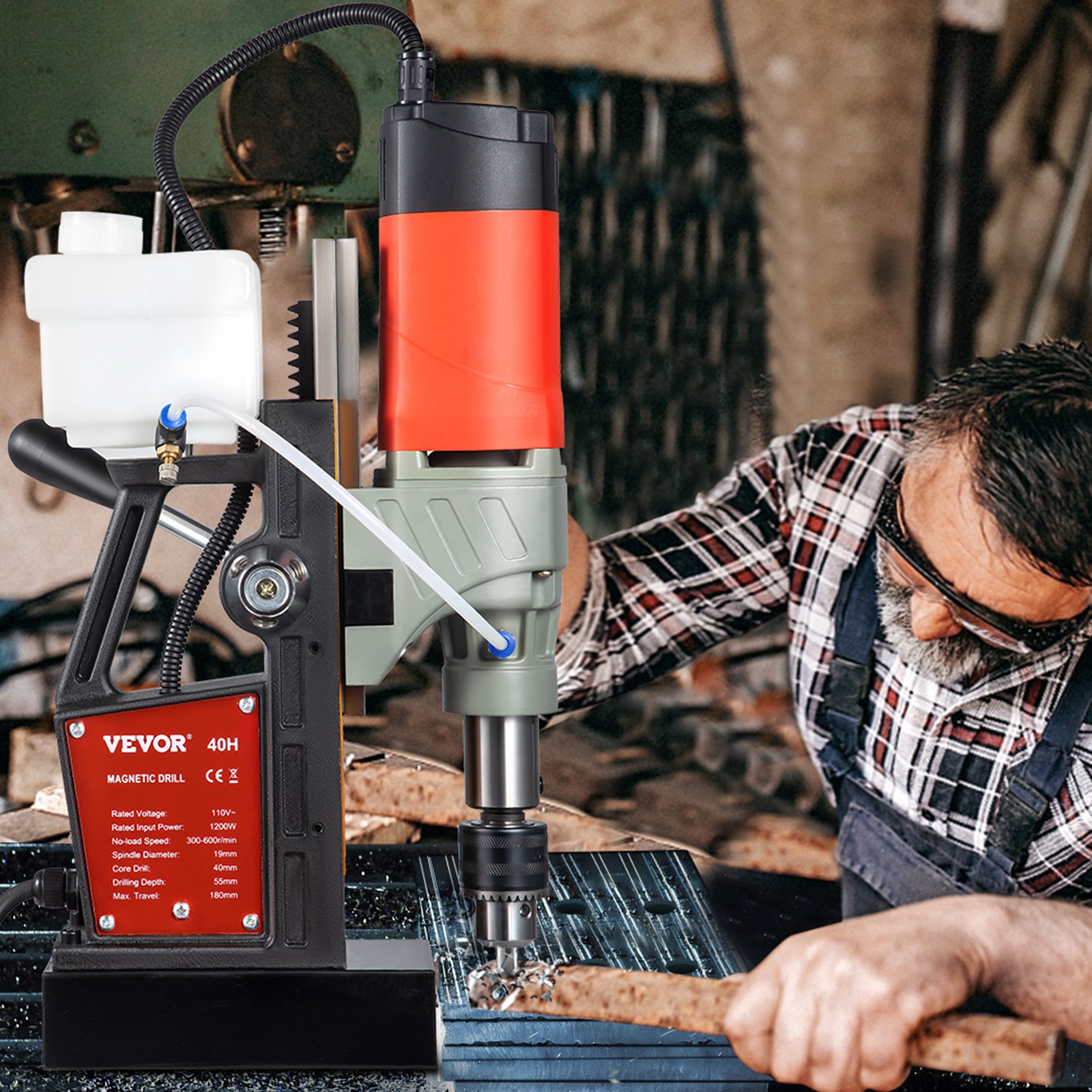 VEVOR Magnetic Drill, 1200W 1.57\" Boring Diameter, 2922lbf/13000N Portable Electric Mag Drill Press with Double Dovetail Rail, 580 RPM Variable Speed Drilling Machine for any Surface, CE Listed
