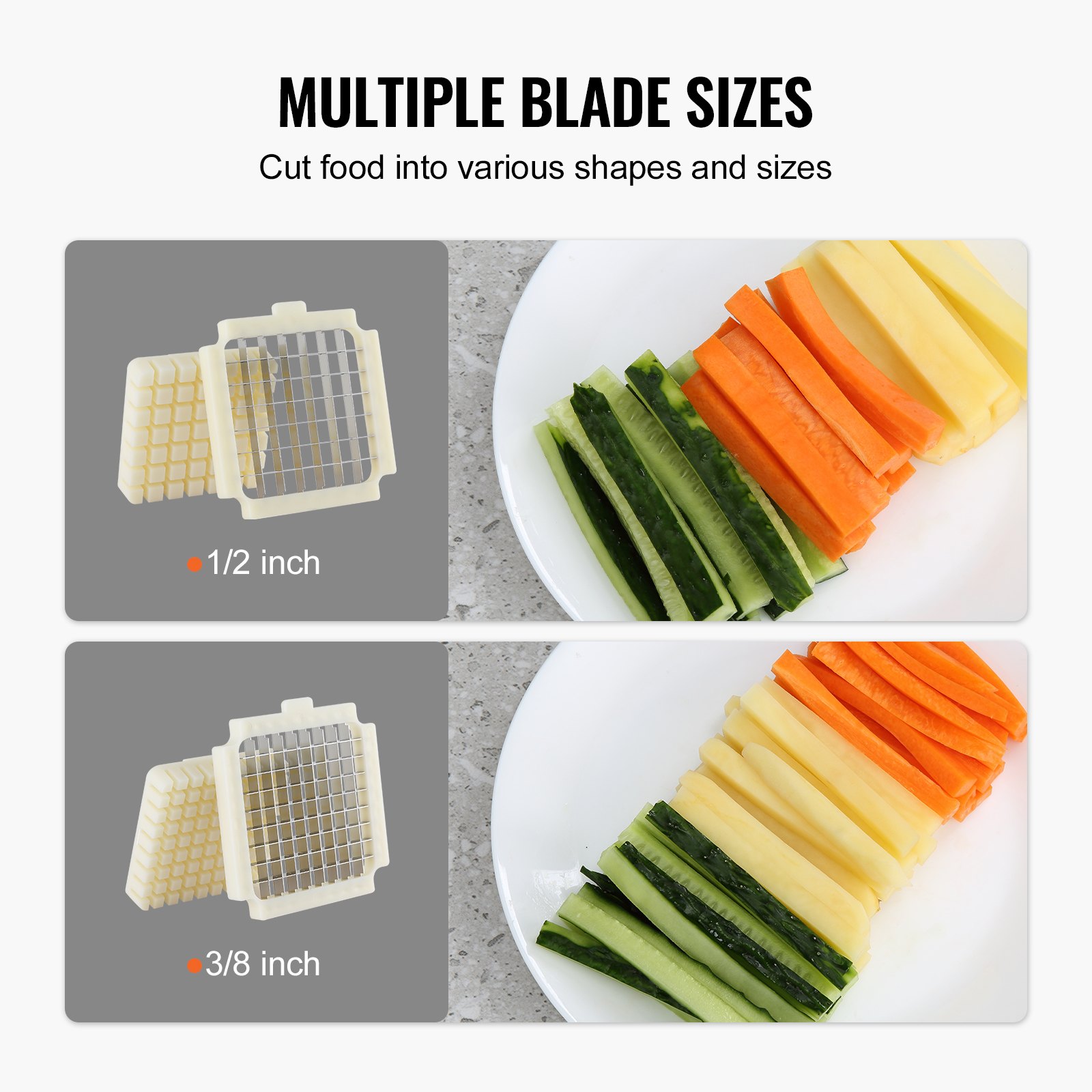 VEVOR Electric French Fry Cutter, Potato Slicer with 1/2-Inch and 3/8-Inch Stainless Steel Blades, Potato Cutter Chopper w/ Anti-slip Feet, Great for Potato, French Fries, Cucumber, Vegetables, Carrot