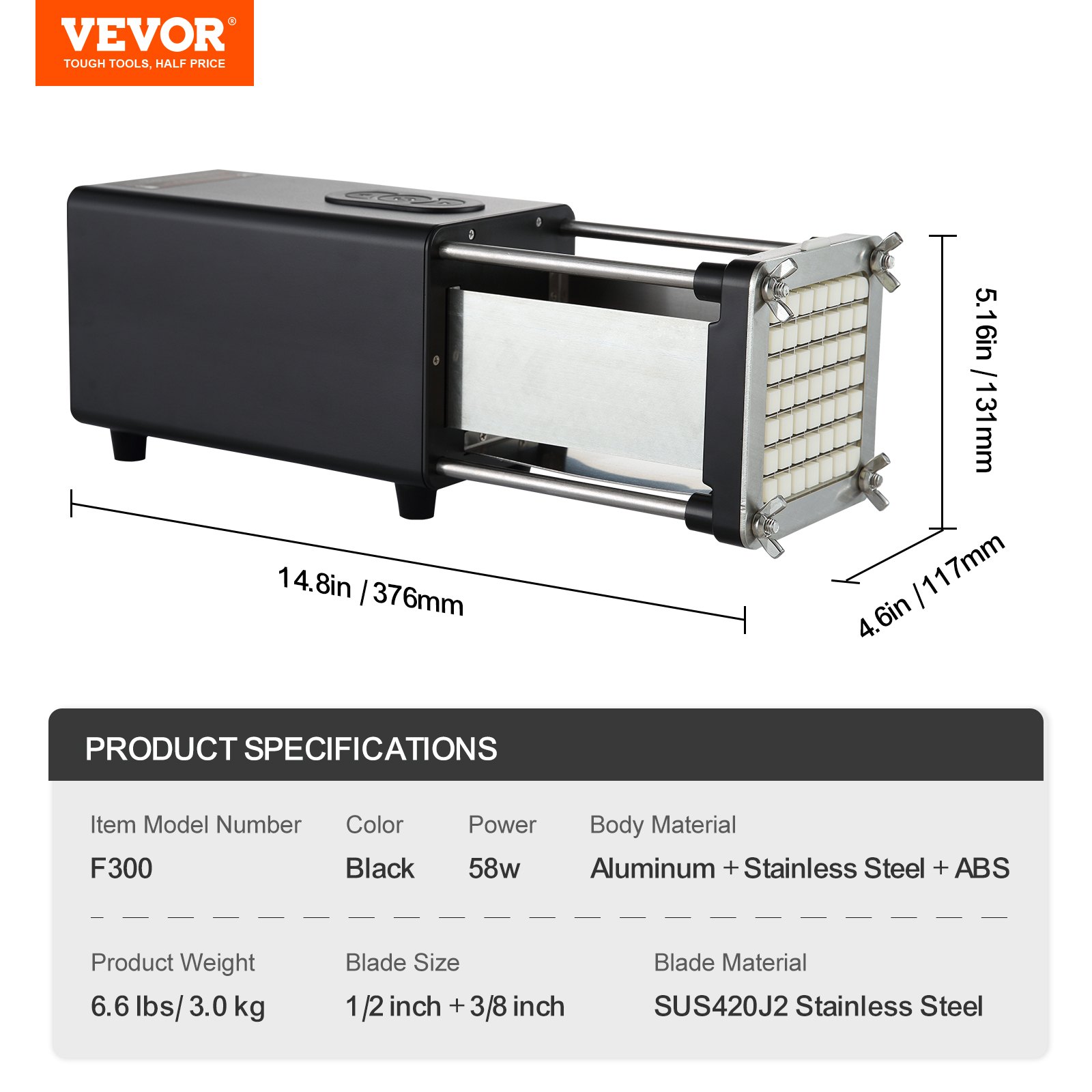VEVOR Electric French Fry Cutter, Potato Slicer with 1/2-Inch and 3/8-Inch Stainless Steel Blades, Potato Cutter Chopper w/ Anti-slip Feet, Great for Potato, French Fries, Cucumber, Vegetables, Carrot