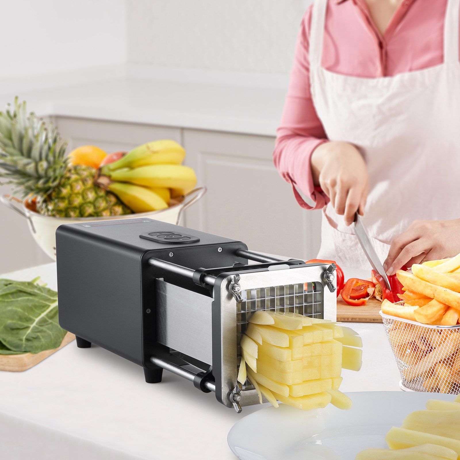 VEVOR Electric French Fry Cutter, Potato Slicer with 1/2-Inch and 3/8-Inch Stainless Steel Blades, Potato Cutter Chopper w/ Anti-slip Feet, Great for Potato, French Fries, Cucumber, Vegetables, Carrot