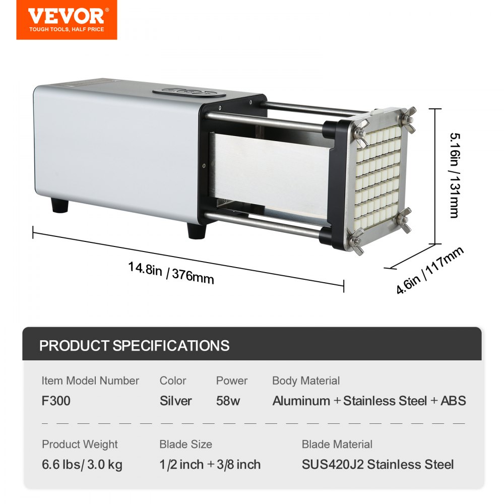 VEVOR Electric French Fry Cutter, Potato Slicer with 1/2-Inch and 3/8-Inch Stainless Steel Blades, Potato Cutter Chopper w/ Anti-slip Feet, Great for Potato, French Fries, Cucumber, Vegetables, Carrot