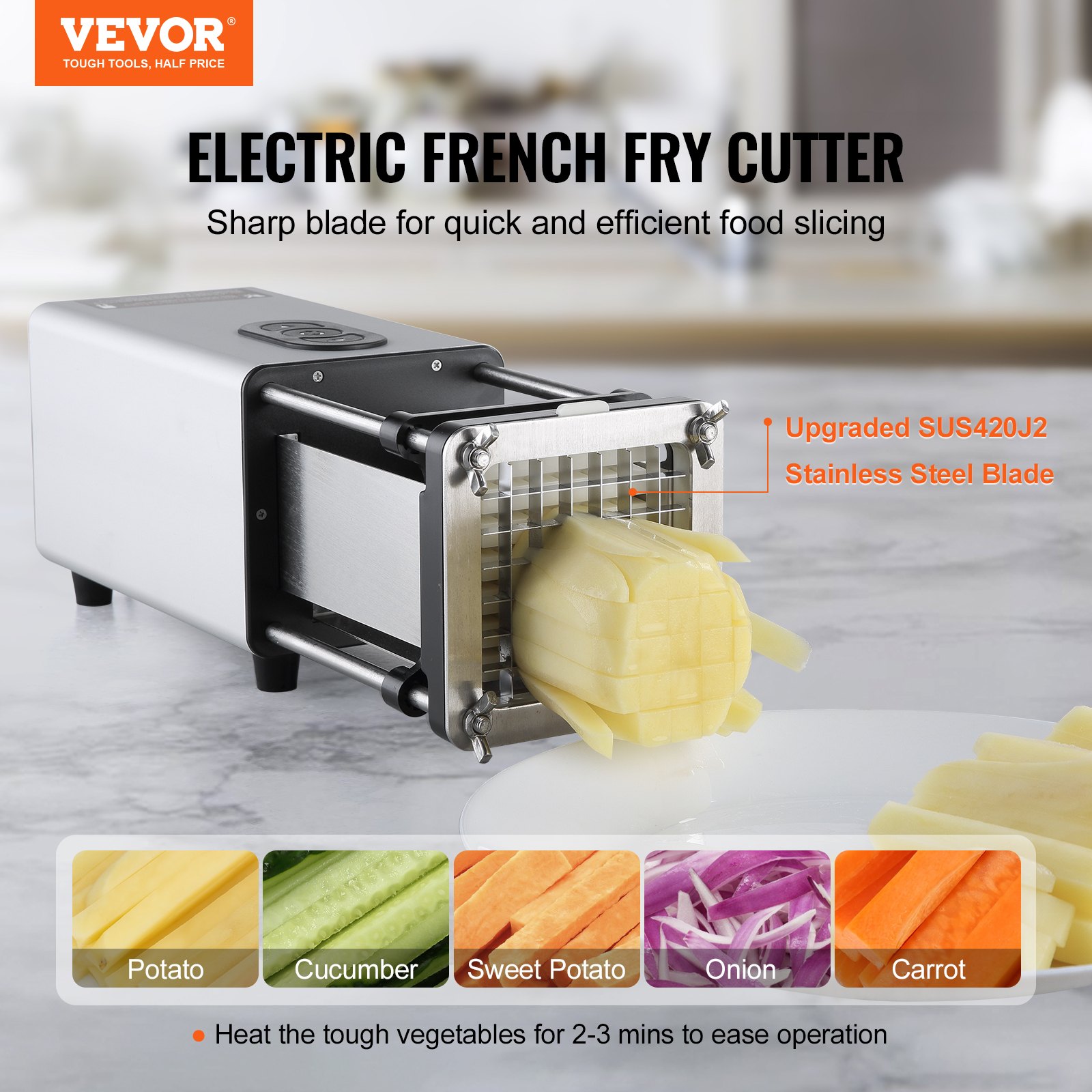 VEVOR Electric French Fry Cutter, Potato Slicer with 1/2-Inch and 3/8-Inch Stainless Steel Blades, Potato Cutter Chopper w/ Anti-slip Feet, Great for Potato, French Fries, Cucumber, Vegetables, Carrot