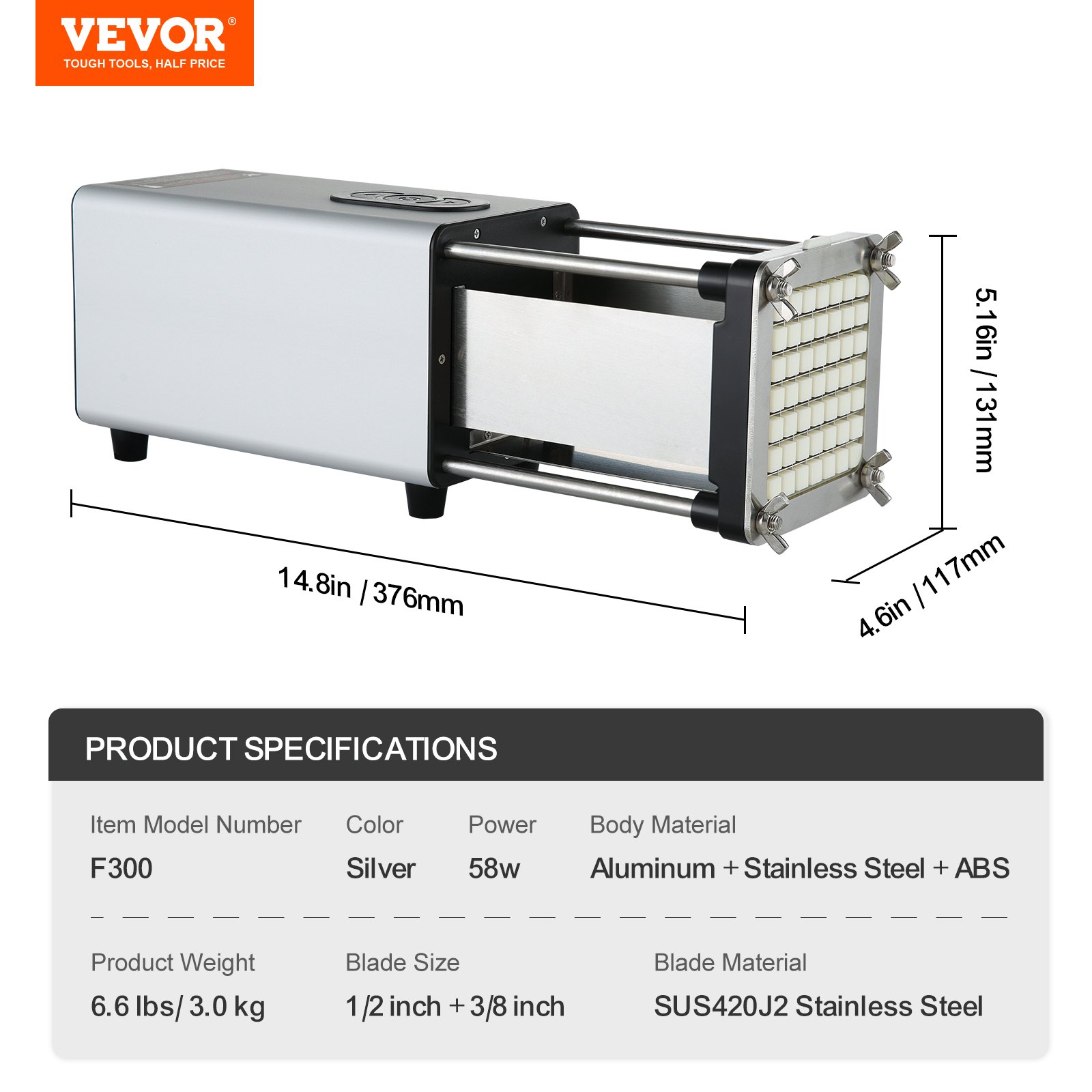 VEVOR Electric French Fry Cutter, Potato Slicer with 1/2-Inch and 3/8-Inch Stainless Steel Blades, Potato Cutter Chopper w/ Anti-slip Feet, Great for Potato, French Fries, Cucumber, Vegetables, Carrot