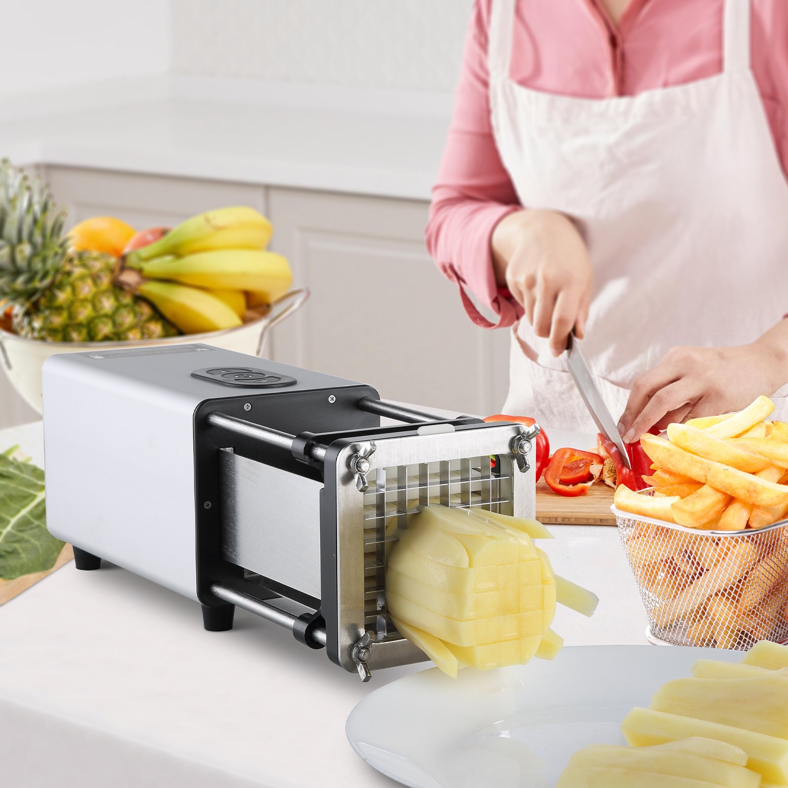 VEVOR Electric French Fry Cutter, Potato Slicer with 1/2-Inch and 3/8-Inch Stainless Steel Blades, Potato Cutter Chopper w/ Anti-slip Feet, Great for Potato, French Fries, Cucumber, Vegetables, Carrot