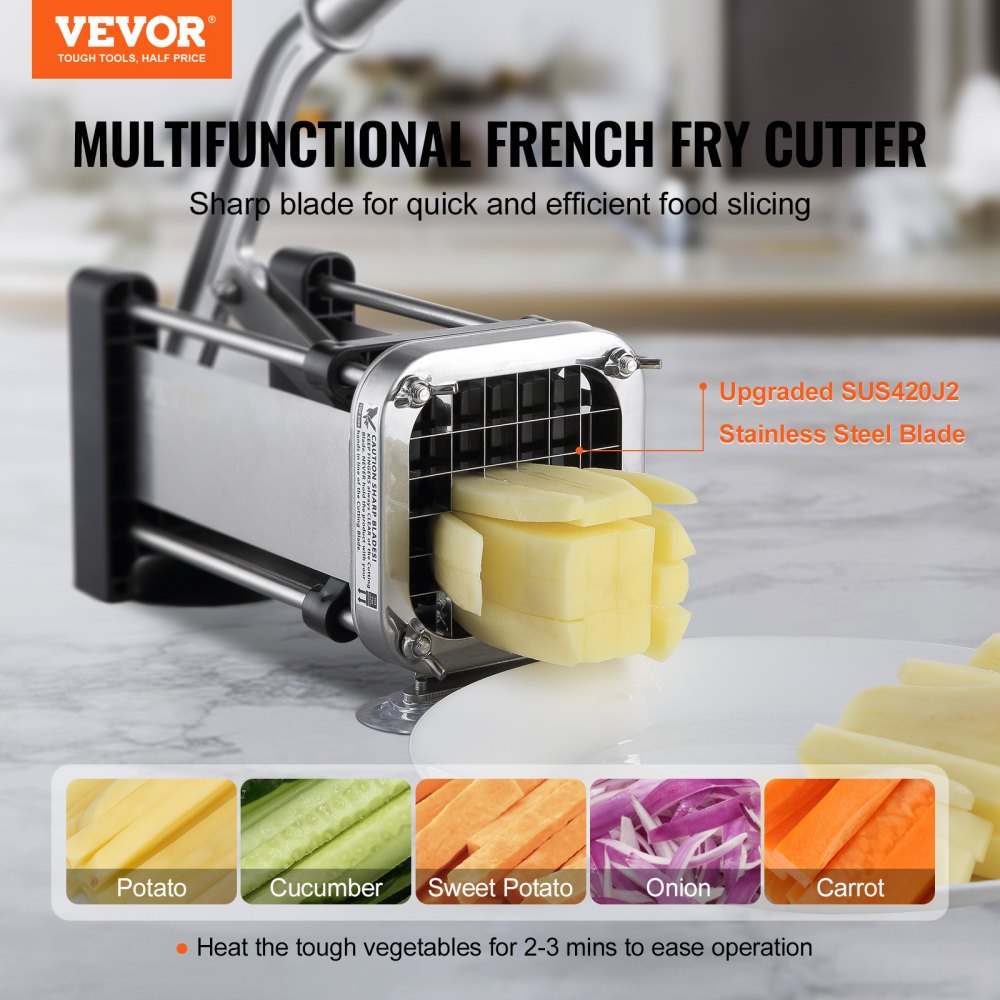 VEVOR French Fry Cutter, Potato Slicer with 1/2-Inch Stainless Steel Blade, Manual Potato Cutter Chopper with Suction Cups, Great for Potato, French Fries, Cucumber, Vegetables, Carrot