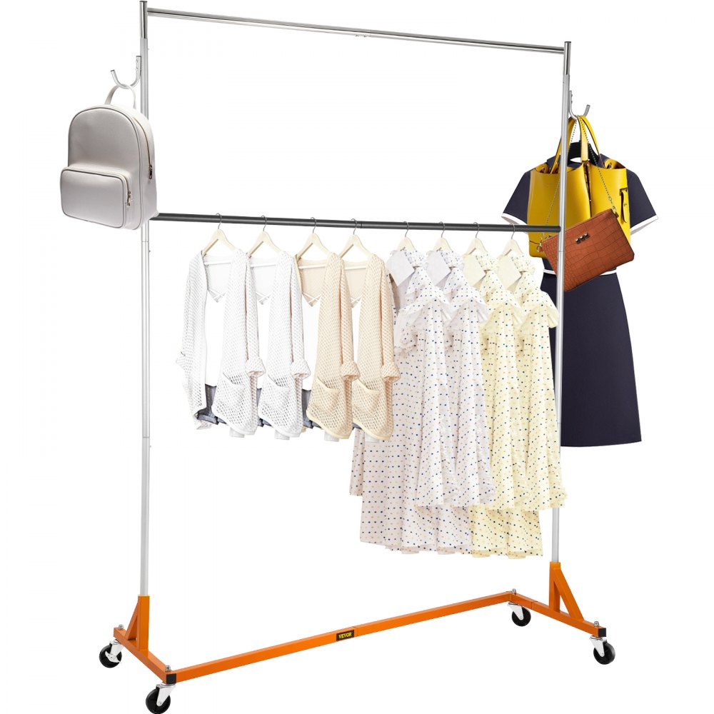 VEVOR Z Rack, Industrial Grade Z Base Garment Rack, Height Adjustable Garment Rack, Sturdy Steel Z Base Clothing Rack w/ Lockable Casters, for Home Clothing Store w/ Add-on Hang Rail (Orange)