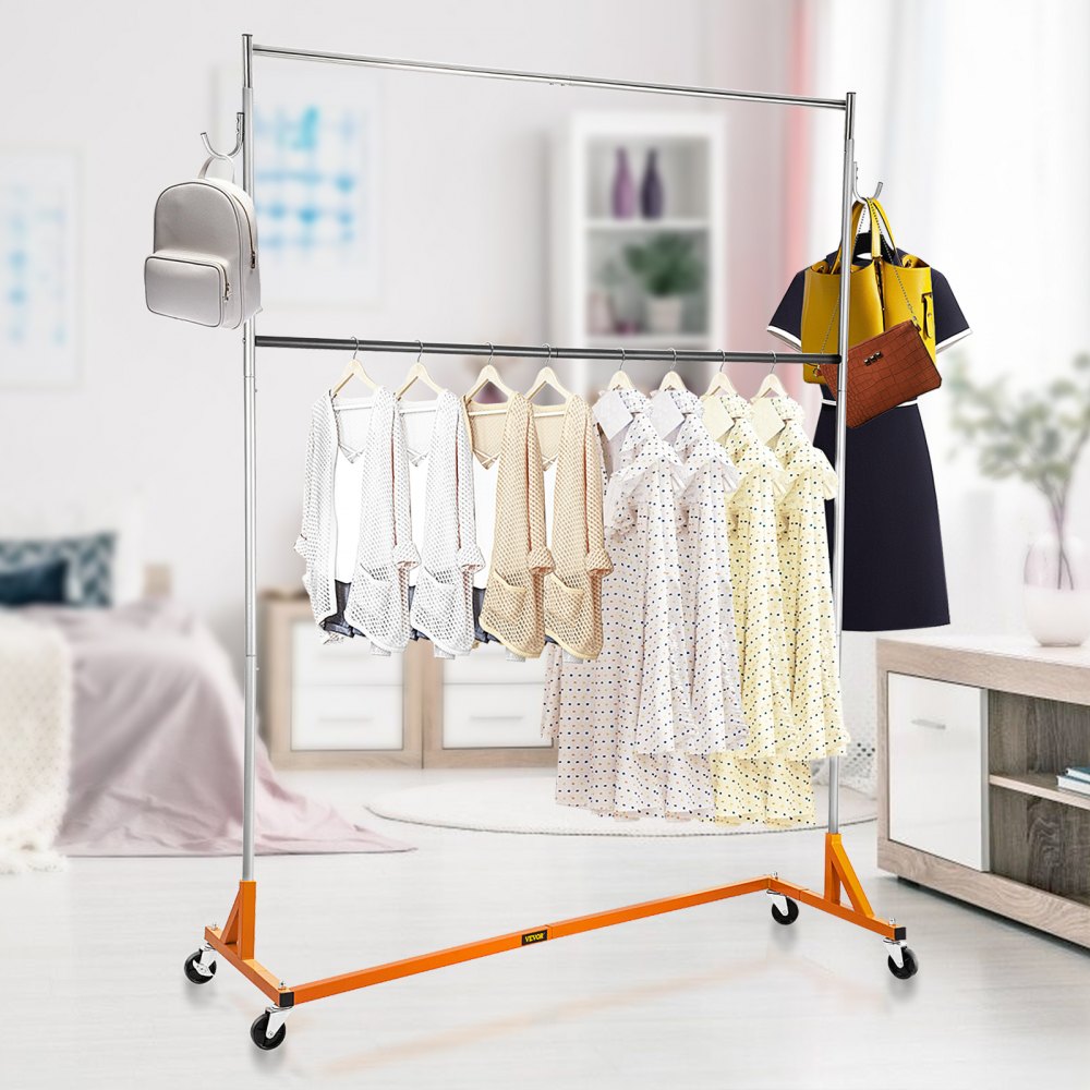 VEVOR Z Rack, Industrial Grade Z Base Garment Rack, Height Adjustable Rolling Z Garment Rack, Sturdy Steel Z Base Clothing Rack w/ Lockable Casters, for Home Clothing Store w/ Add-on Hang Rail Orange