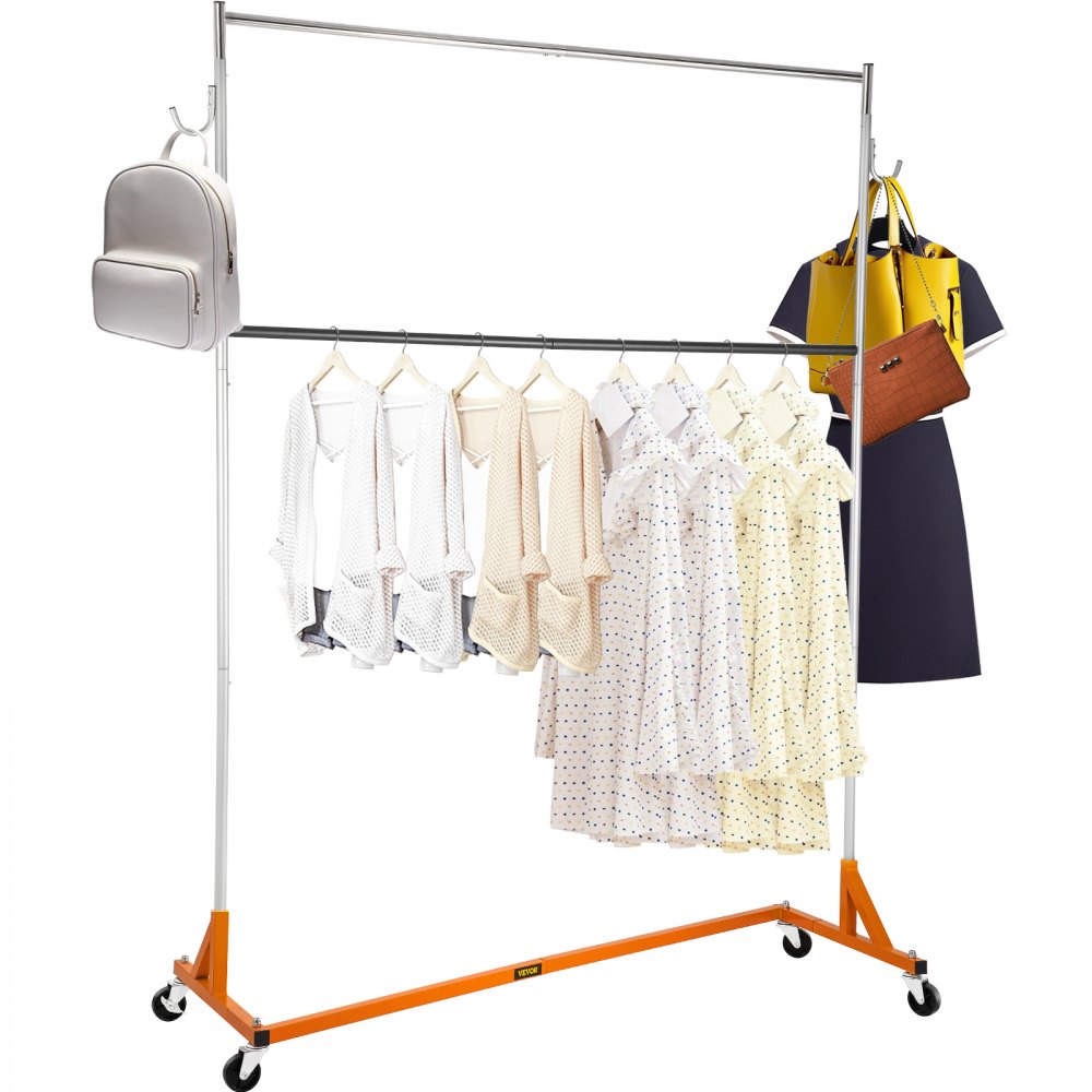Rack VEVOR Z, rack para roupas com base Z de grau industrial, rack para roupas Z com rolamento ajustável em altura, rack para roupas com base Z em aço resistente com rodízios com trava, para loja de roupas domésticas com trilho suspenso laranja