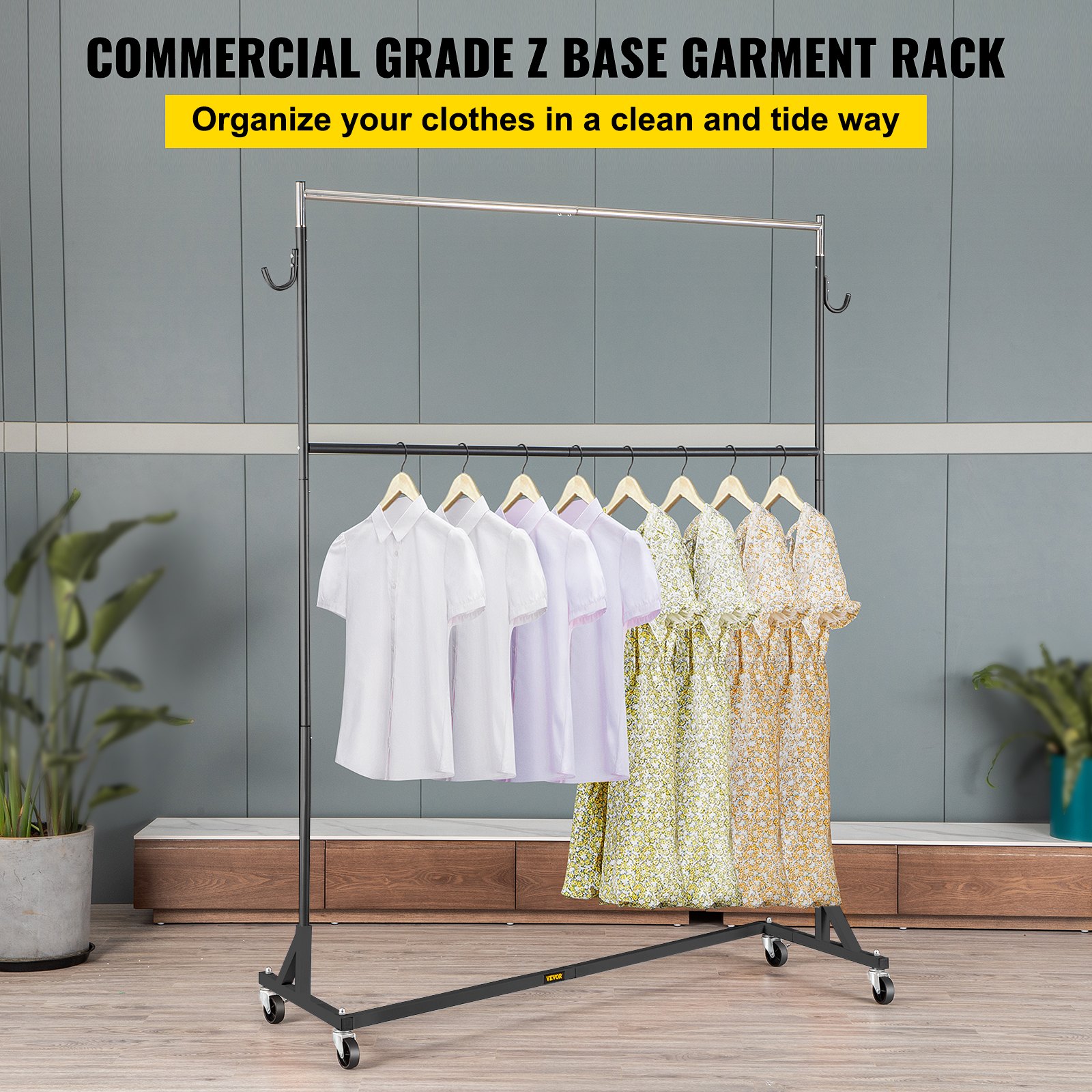 VEVOR Z Rack, Industrial Grade Z Base Garment Rack, Height Adjustable Rolling Z Garment Rack, Sturdy Steel Z Base Clothing Rack w/ Lockable Casters, for Home Clothing Store w/ Add-on Hang Rail Black