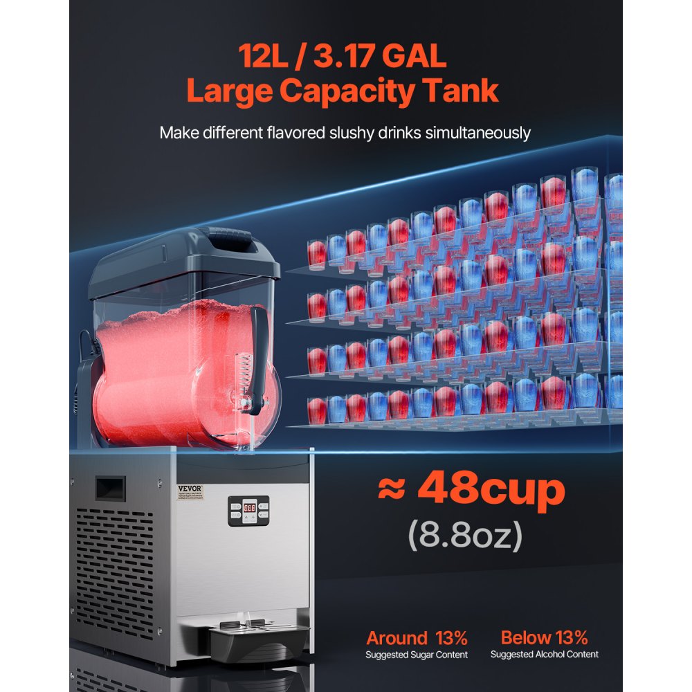 VEVOR Commercial Slushy Machine, 12L Single Tank Frozen Drink Machine, 48 Cups Stainless Steel Margarita Smoothie Frozen Drink Maker, Slushie Maker for Home Party Restaurants Cafe Bars