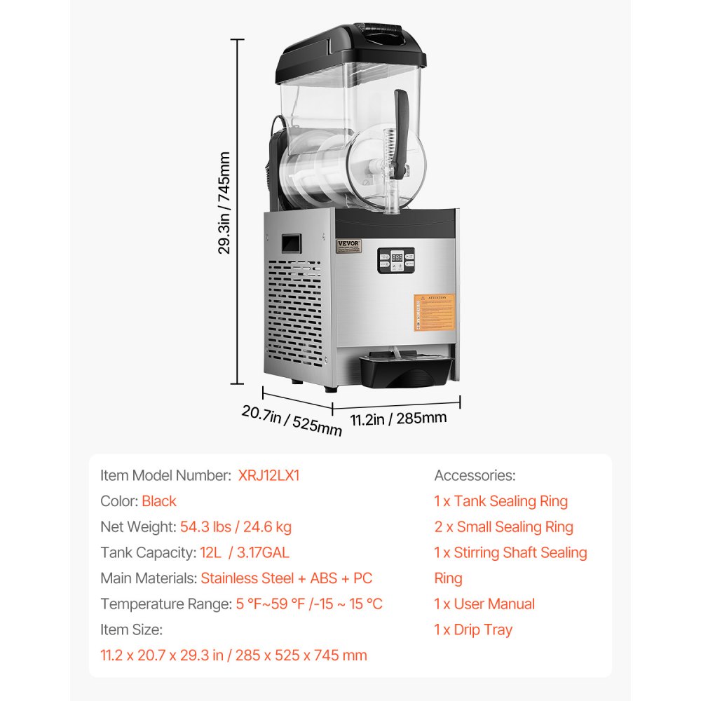 VEVOR Commercial Slushy Machine, 12L Single Tank Frozen Drink Machine, 48 Cups Stainless Steel Margarita Smoothie Frozen Drink Maker, Slushie Maker for Home Party Restaurants Cafe Bars