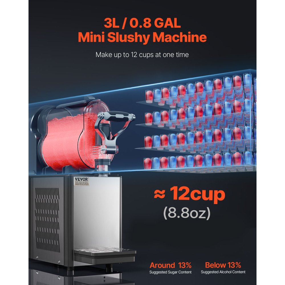 VEVOR Commercial Slushy Machine, 3L Single Tank Frozen Drink Machine, 12 Cups Stainless Steel Margarita Smoothie Frozen Drink Maker, Slushie Maker for Home Party Restaurants Cafe Bars