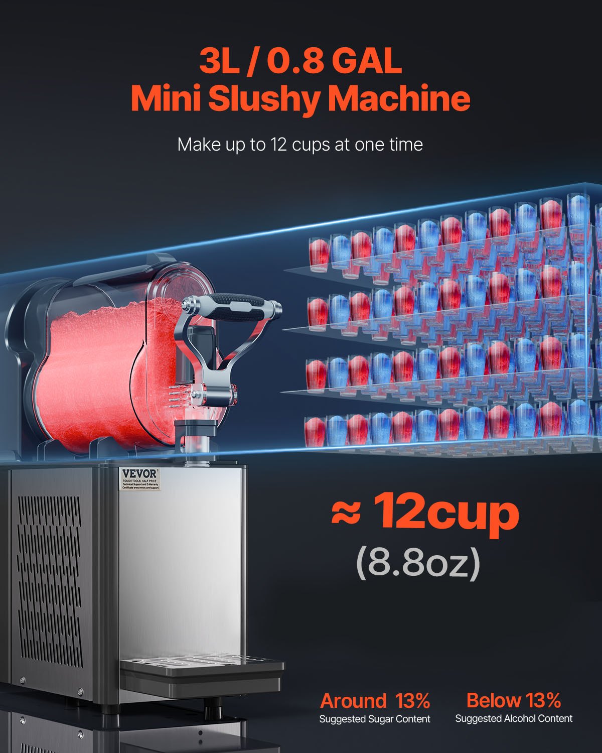VEVOR Commercial Slushy Machine, 3L Single Tank Frozen Drink Machine, 12 Cups Stainless Steel Margarita Smoothie Frozen Drink Maker, Slushie Maker for Home Party Restaurants Cafe Bars