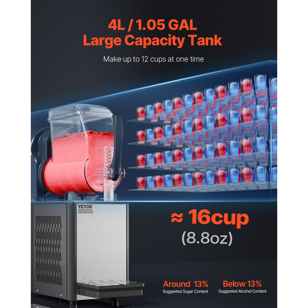 VEVOR Commercial Slushy Machine, 4L Single Tank Frozen Drink Machine, 16 Cups Stainless Steel Margarita Smoothie Frozen Drink Maker, Slushie Maker for Home Party Restaurants Cafe Bars