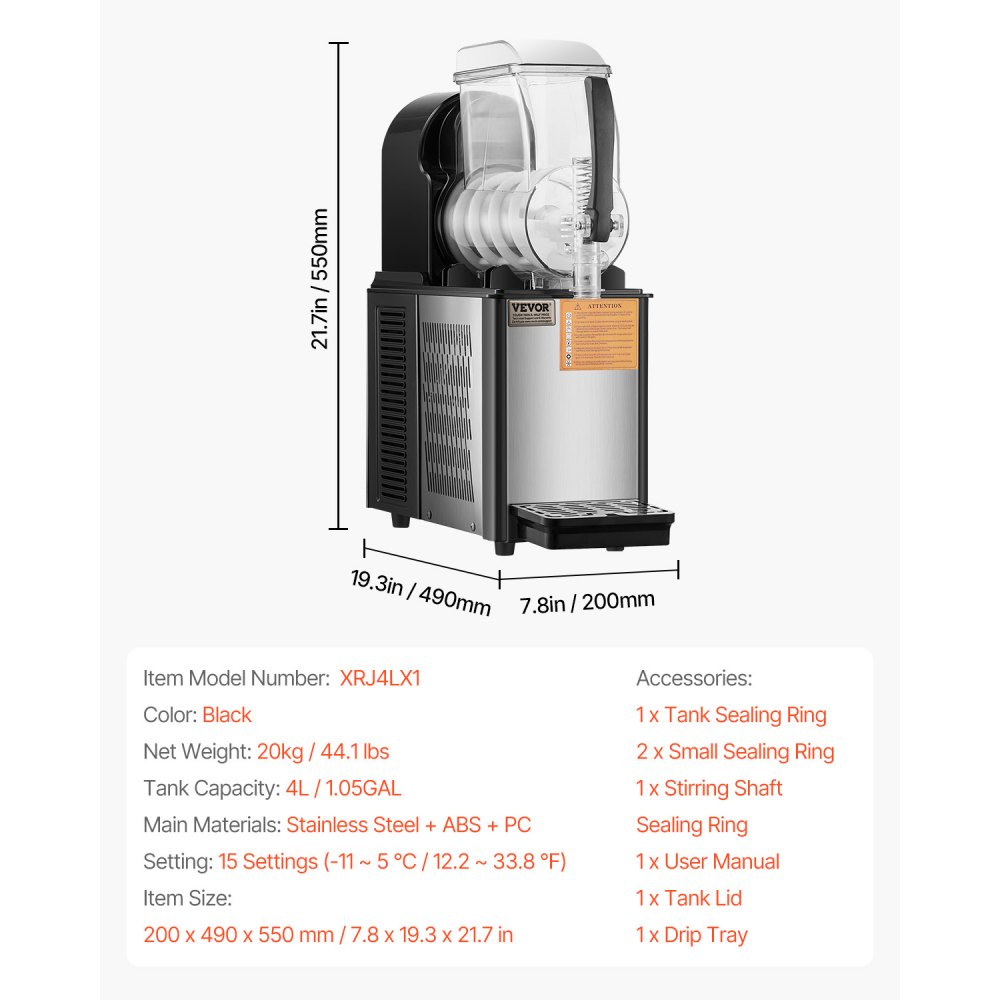 VEVOR Commercial Slushy Machine, 4L Single Tank Frozen Drink Machine, 16 Cups Stainless Steel Margarita Smoothie Frozen Drink Maker, Slushie Maker for Home Party Restaurants Cafe Bars