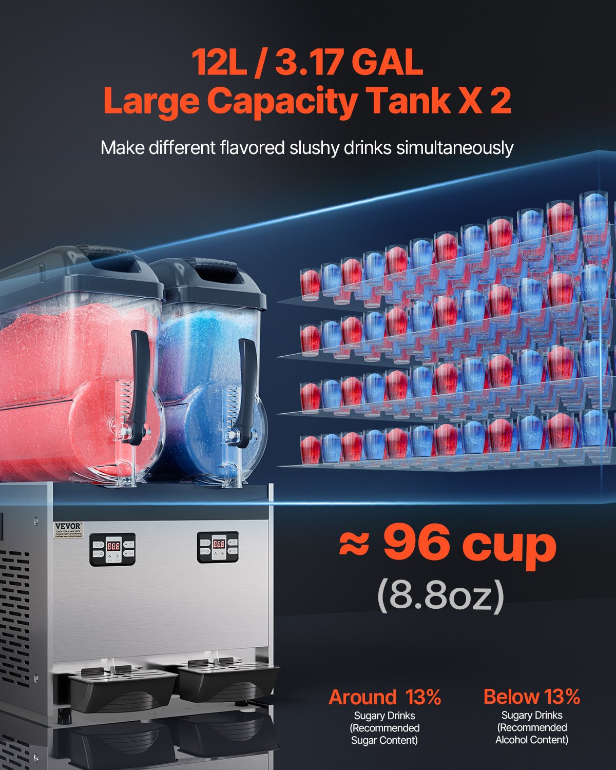 VEVOR Commercial Slushy Machine, 12Lx2 Double Tank Frozen Drink Machine, 96 Cups Stainless Steel Margarita Smoothie Frozen Drink Maker, Slushie Maker for Home Party Restaurants Cafe Bars