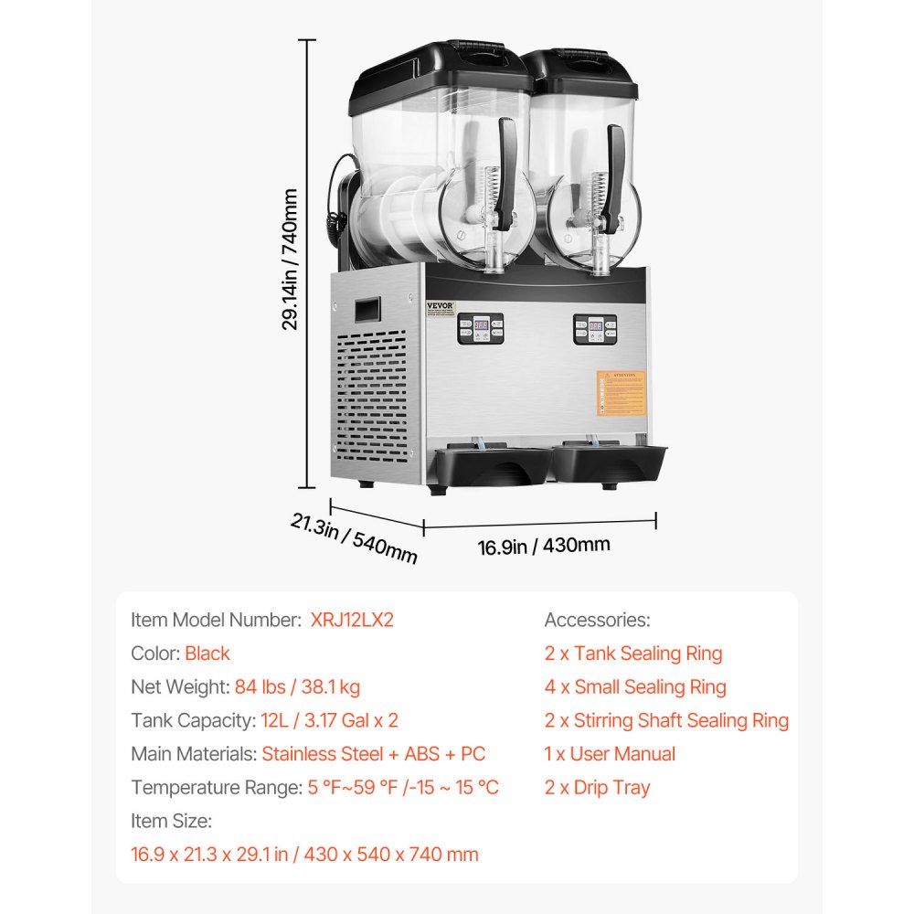 VEVOR Commercial Slushy Machine, 12Lx2 Double Tank Frozen Drink Machine, 96 Cups Stainless Steel Margarita Smoothie Frozen Drink Maker, Slushie Maker for Home Party Restaurants Cafe Bars