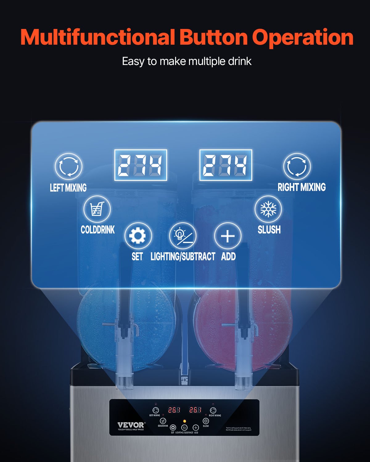 Máquina de granizado comercial VEVOR, máquina de bebidas congeladas com tanque duplo de 12L x 2, máquina de bebidas congeladas de smoothie de margarita de aço inoxidável com 96 xícaras, máquina de granizado para festas em casa, restaurantes, cafés e bares