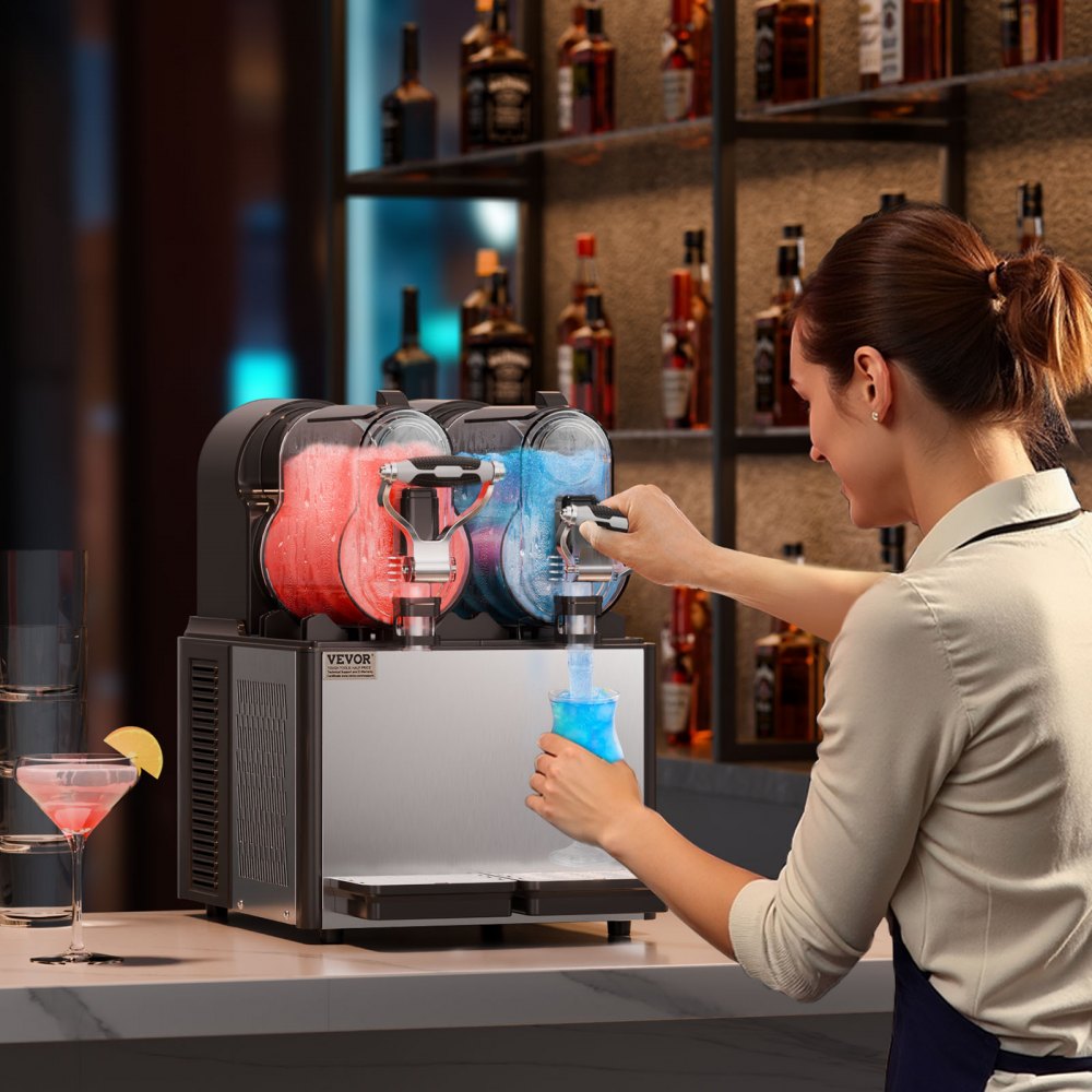 Máquina de granizado comercial VEVOR, máquina de bebidas congeladas com tanque duplo 3Lx2, máquina de bebidas congeladas de aço inoxidável para smoothies de margarita com 24 xícaras, máquina de granizado para festas em casa, restaurantes, cafés e bares