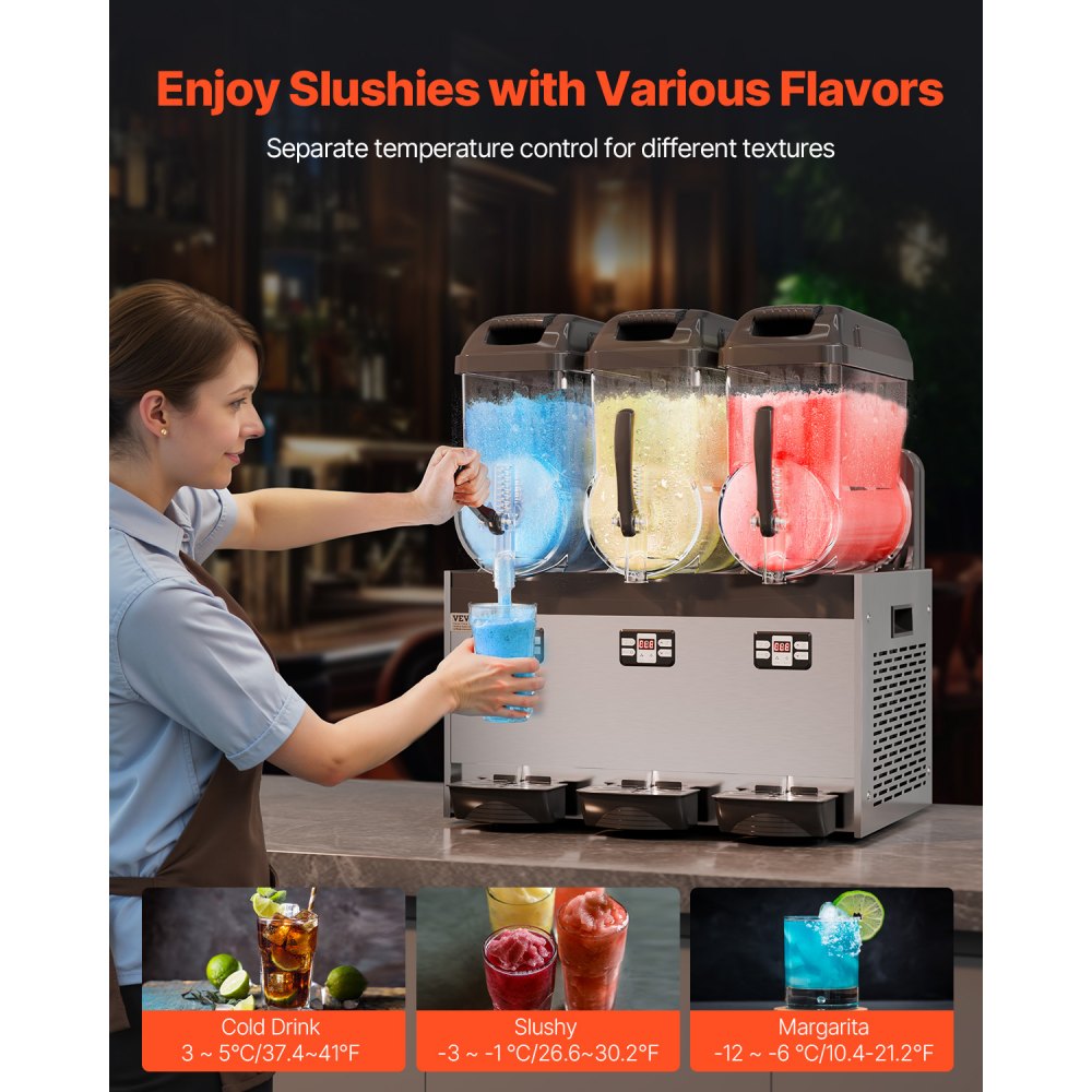 VEVOR Commercial Slushy Machine, 12Lx3 Triple Tank Frozen Drink Machine, 144 Cups Stainless Steel Margarita Smoothie Frozen Drink Maker, Slushie Maker for Home Party Restaurants Cafe Bars