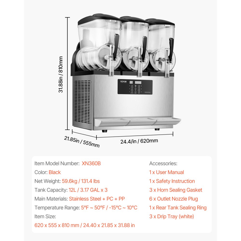 VEVOR Commercial Slushy Machine, 12Lx3 Triple Tank Frozen Drink Machine, 144 Cups Stainless Steel Margarita Smoothie Frozen Drink Maker, Slushie Maker for Home Party Restaurants Cafe Bars