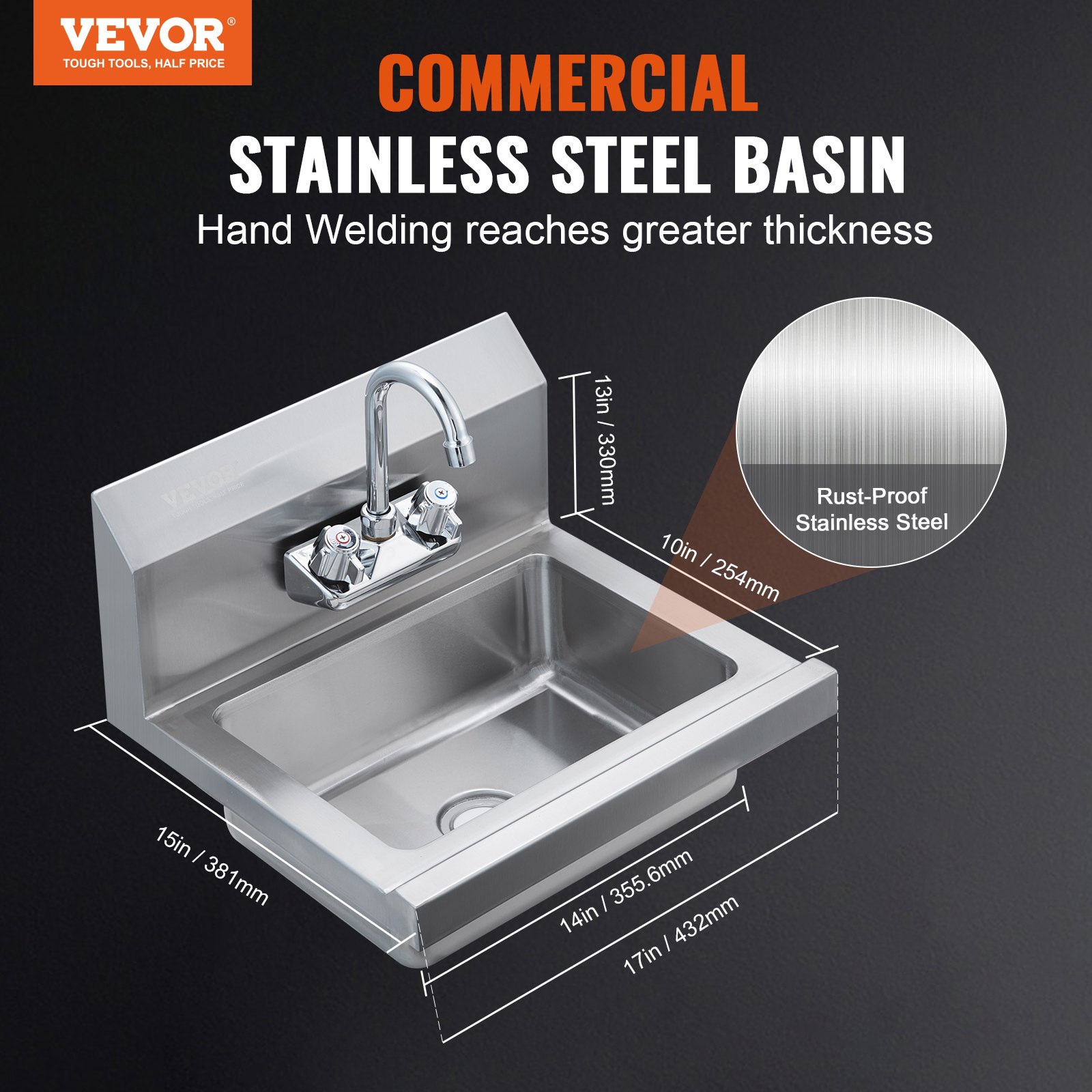 VEVOR Commercial Hand Sink with Faucet, Stainless Steel Sink for Washing, Small Hand Washing Sink, Wall Mount Hand Basin, Utility Sink for Restaurant, Kitchen, Bar, Garage and Home, 43 x 33 cm