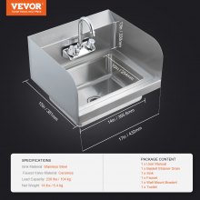VEVOR Commercial Hand Sink with Faucet and Side Splash, NSF Stainless Steel Sink for Washing, Small Hand Washing Sink, Wall Mount Hand Basin for Restaurant, Kitchen, Bar, Garage and Home, 43x33 cm