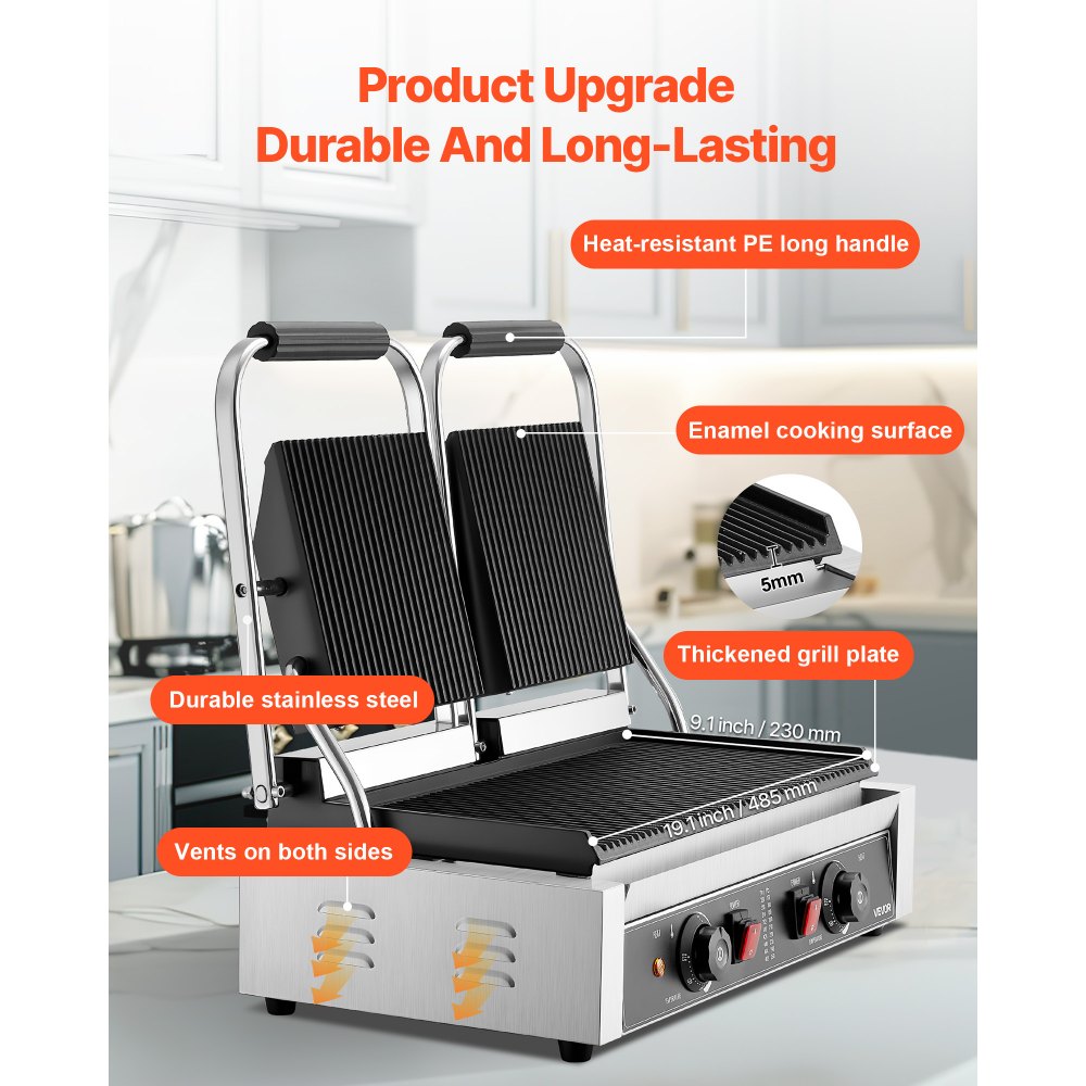 VEVOR Commercial Panini Grill, 3600W Electric Sandwich Panini Maker, Stainless Steel Double Sandwichs Press with Handle and Temp Control, 19x9 in Full Grooved Enamel Plate, for Hamburger Steak Bacon