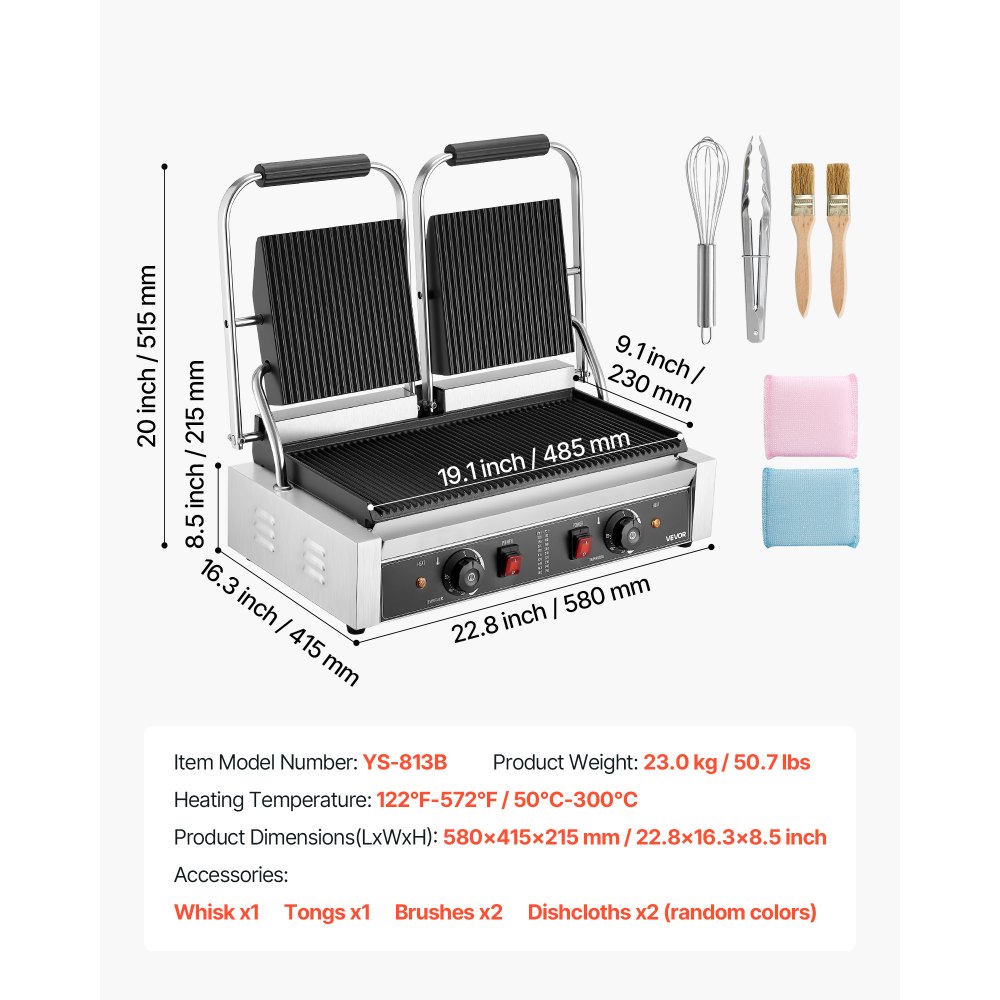 VEVOR Commercial Panini Grill, 3600W Electric Sandwich Panini Maker, Stainless Steel Double Sandwich Press, Panini Grill Temp Control, 48x23cm Full Grooved Enamel Plate, for Hamburger Steak Bacon