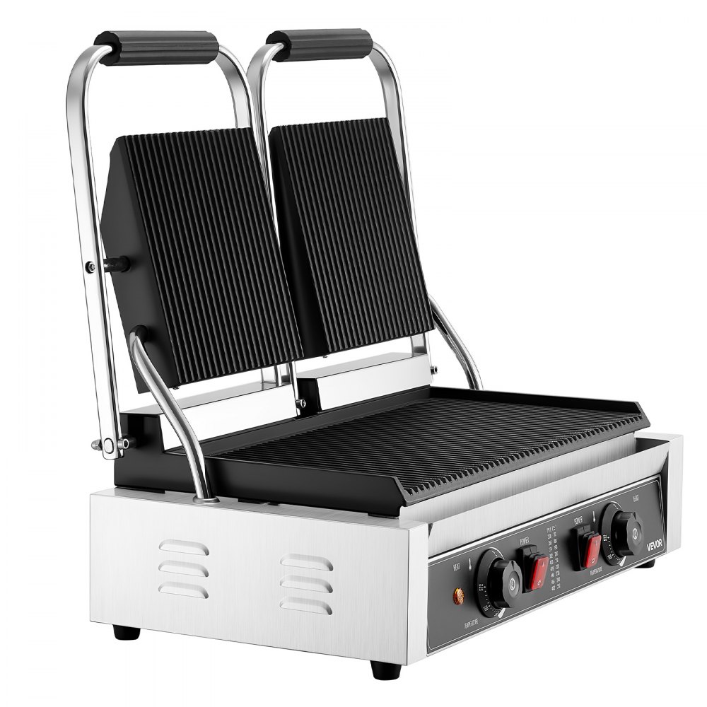 VEVOR Commercial Panini Grill, 3600W Electric Sandwich Panini Maker, Stainless Steel Double Sandwich Press, Panini Grill Temp Control, 48x23cm Full Grooved Enamel Plate, for Hamburger Steak Bacon