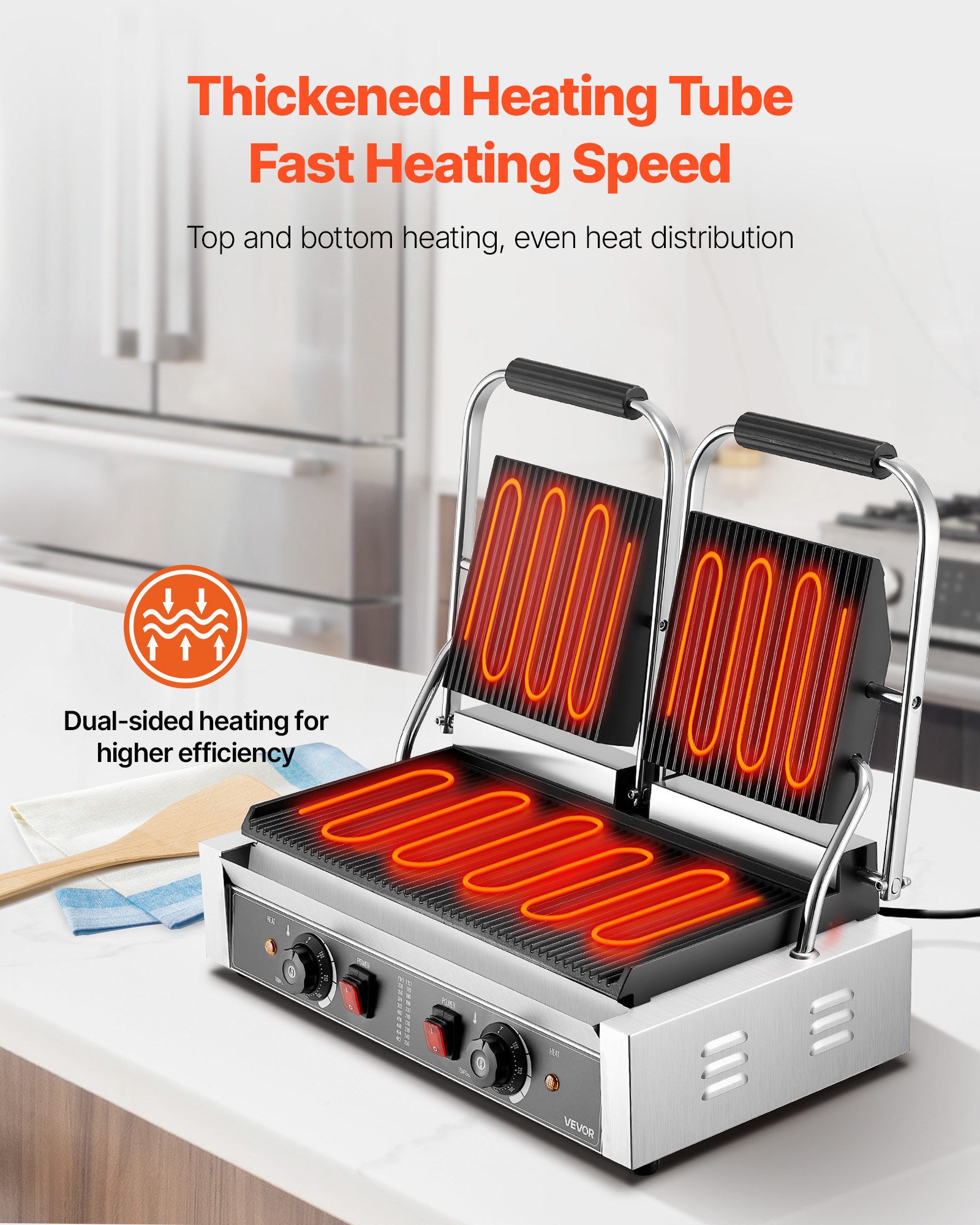 VEVOR Commercial Panini Grill, 3600W Electric Sandwich Panini Maker, Stainless Steel Double Sandwich Press, Panini Grill Temp Control, 48x23cm Full Grooved Enamel Plate, for Hamburger Steak Bacon