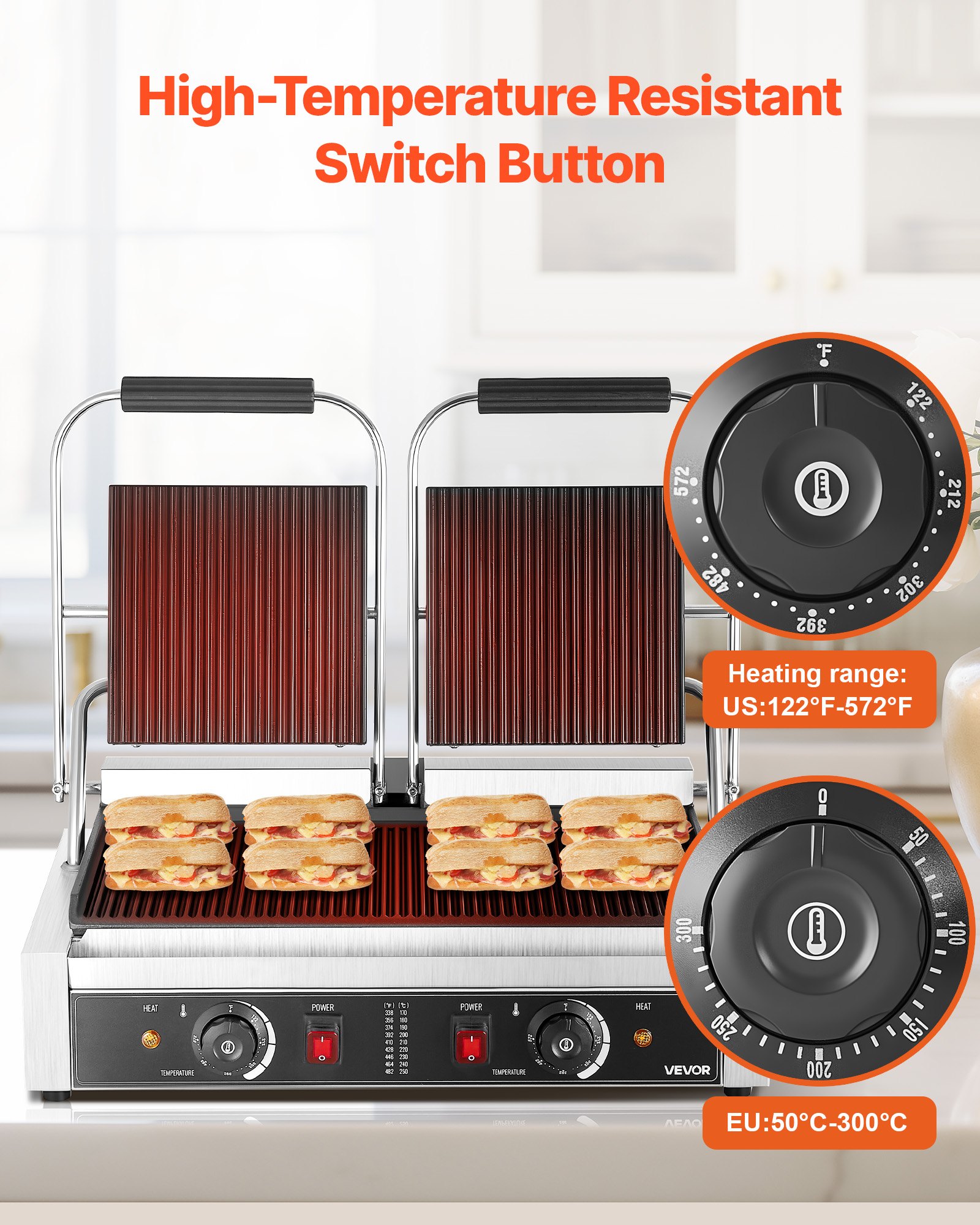 VEVOR Commercial Panini Grill, 3600W Electric Sandwich Panini Maker, Stainless Steel Double Sandwich Press, Panini Grill Temp Control, 48x23cm Full Grooved Enamel Plate, for Hamburger Steak Bacon