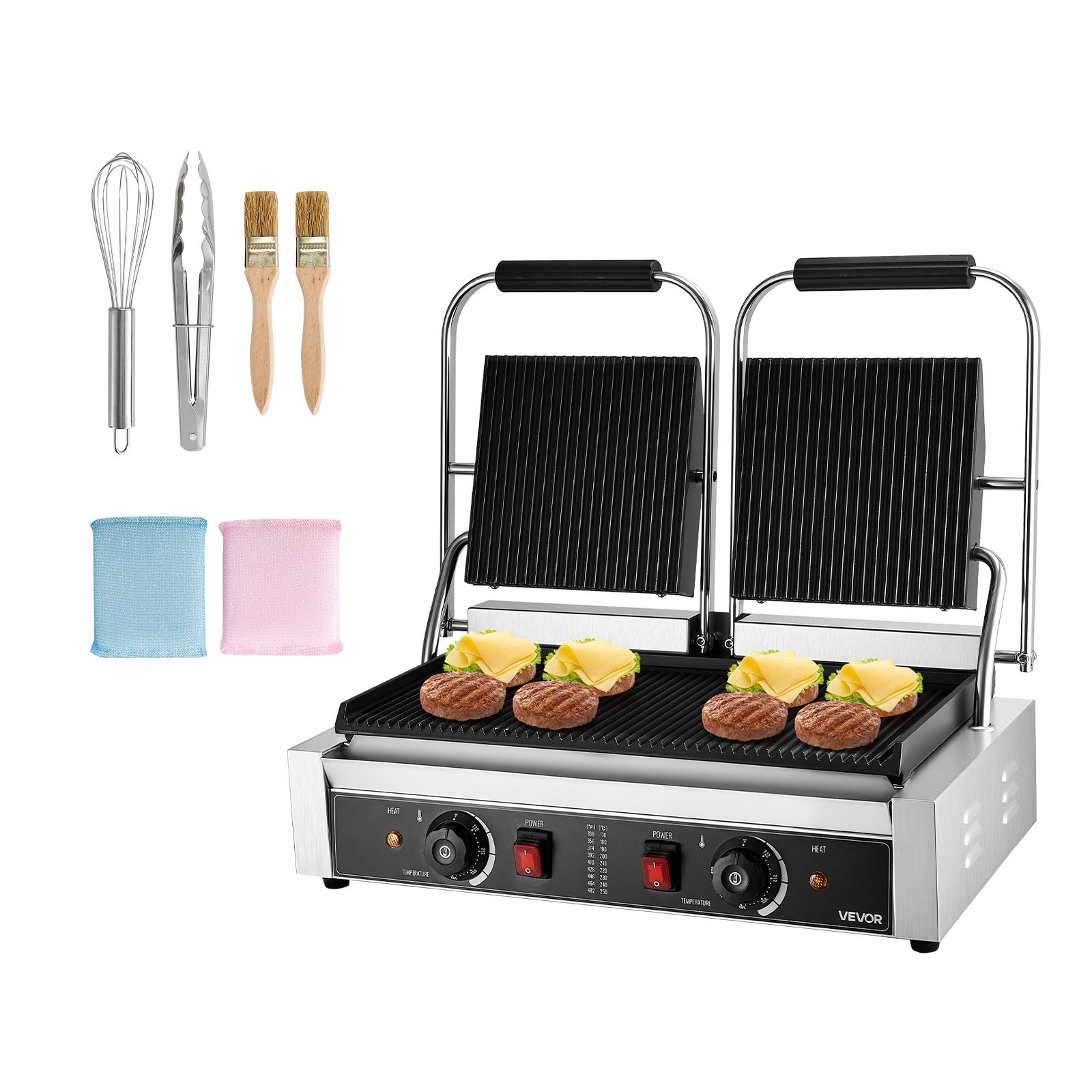 VEVOR Commercial Panini Grill, 3600W Electric Sandwich Panini Maker, Stainless Steel Double Sandwich Press, Panini Grill Temp Control, 48x23cm Full Grooved Enamel Plate, for Hamburger Steak Bacon