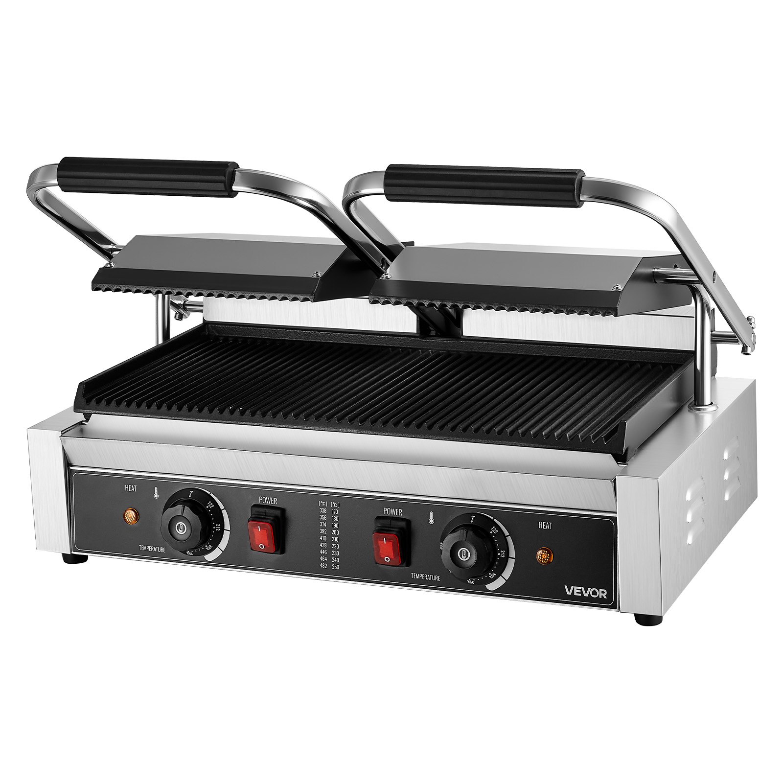 VEVOR Commercial Panini Grill, 3600W Electric Sandwich Panini Maker, Stainless Steel Double Sandwich Press, Panini Grill Temp Control, 48x23cm Full Grooved Enamel Plate, for Hamburger Steak Bacon
