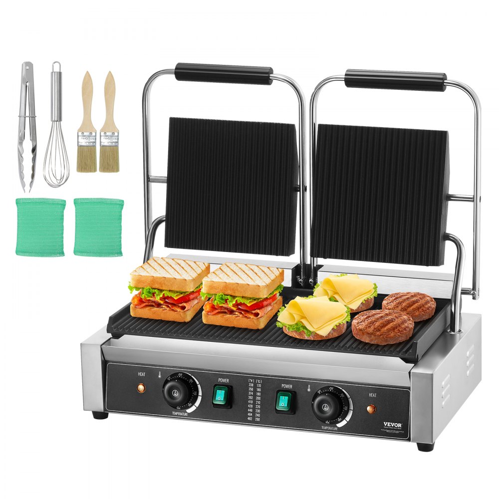 VEVOR panini press cooking sandwiches, burgers, with utensils and green accessories nearby.