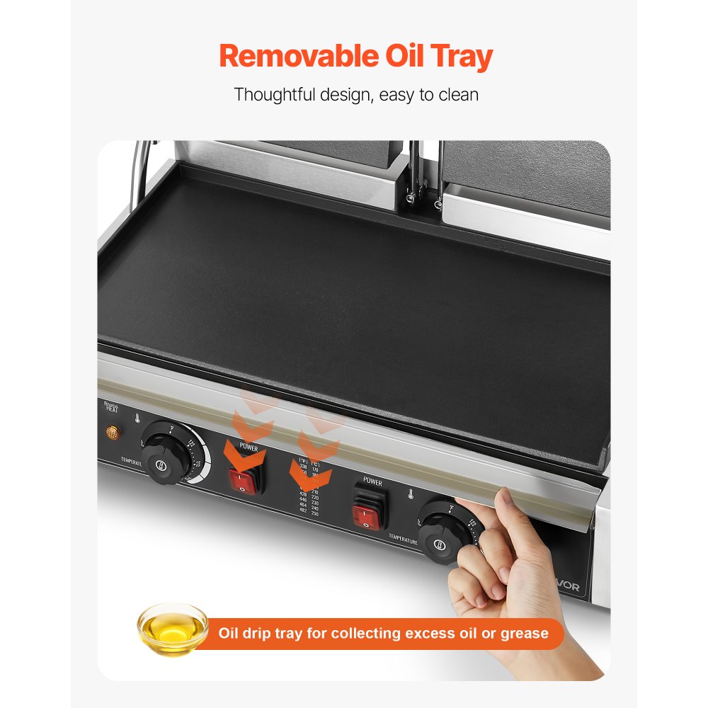 VEVOR Commercial Panini Grill, 3600W Electric Sandwich Panini Maker, Stainless Steel Double Sandwichs Press with Handle and Temp Control, 19x9 in Full Flat Enamel Plate, for Hamburger Steak Bacon